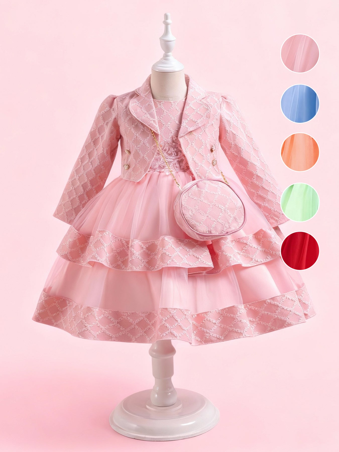 Zvzio Girls Embroidered Pearl Vest Dress Set | With Matching Handbag Double-Layer Skirt Textured Fabric Long Sleeve Coat Flower Girl Dress Party Set - Ages 4-9, Multiple Colors