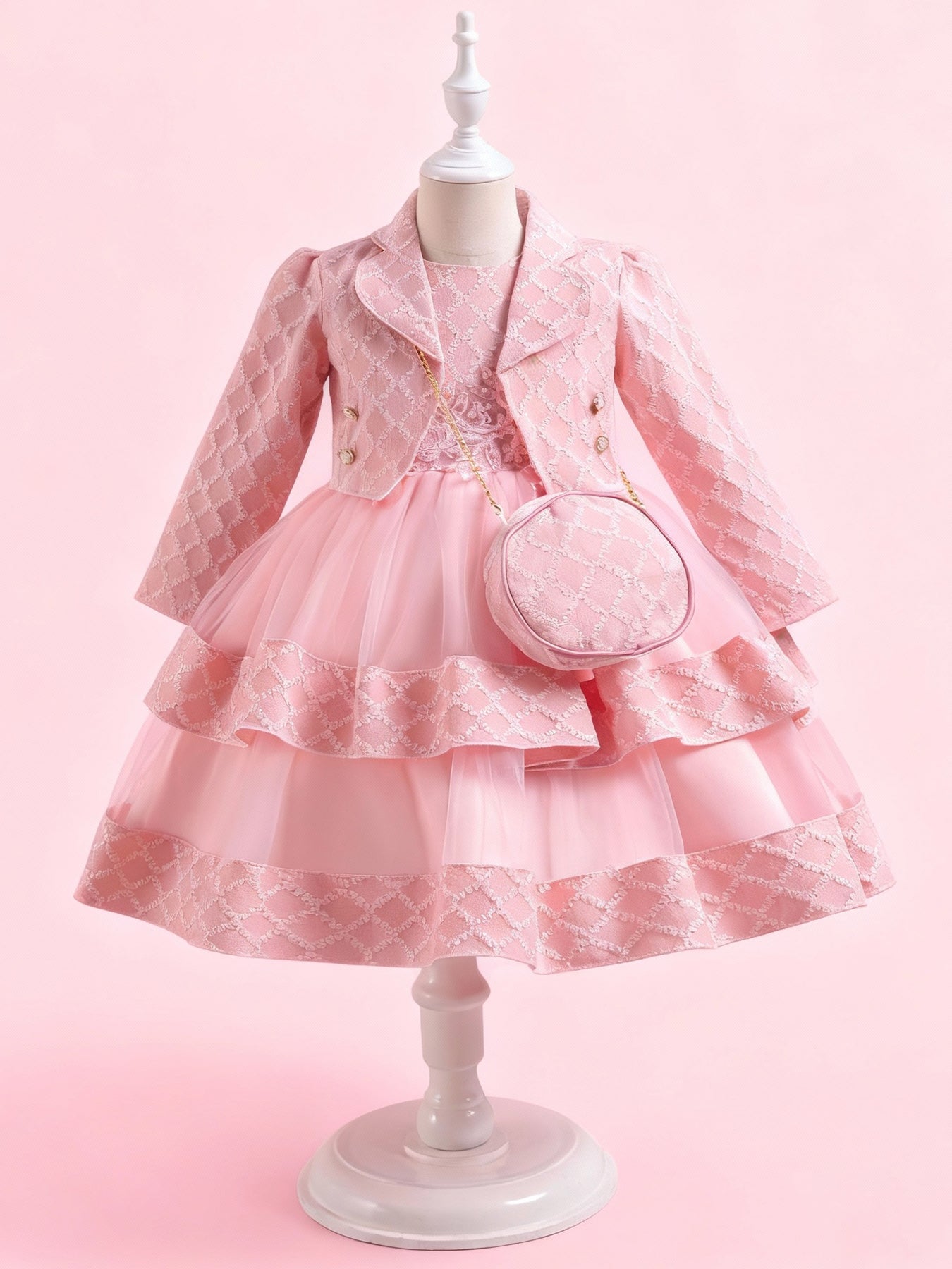 Zvzio Girls Embroidered Pearl Vest Dress Set | With Matching Handbag Double-Layer Skirt Textured Fabric Long Sleeve Coat Flower Girl Dress Party Set - Ages 4-9, Multiple Colors