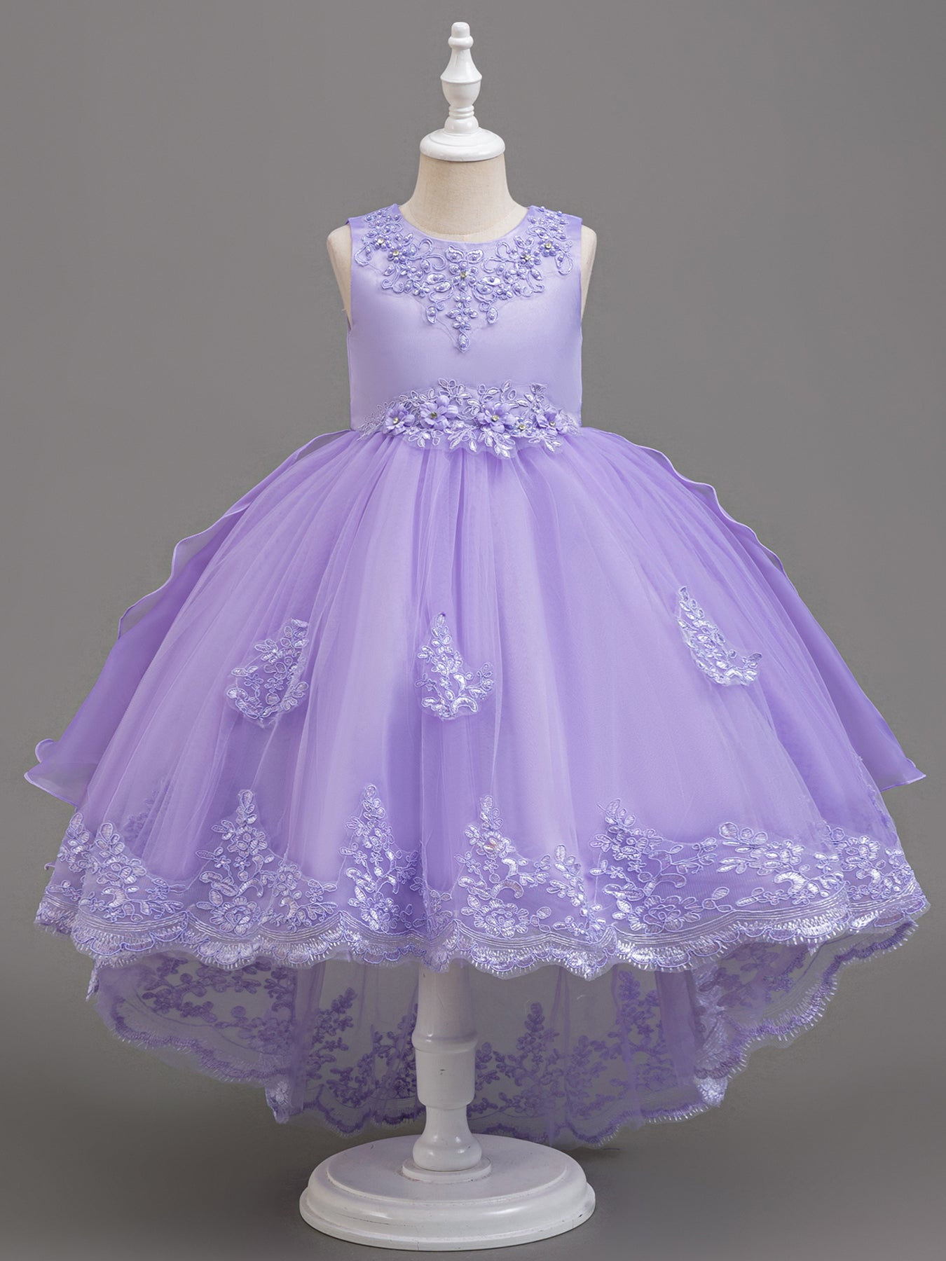 Zvzio Girls Embroidered Pearl Train Princess Dress | Neckline & Waist Exquisite Embroidery Wave Side Hem Back Three-Tier Cake Skirt Asymmetric Hem Flower Girl Dress - Ages 4-9, Multiple Colors