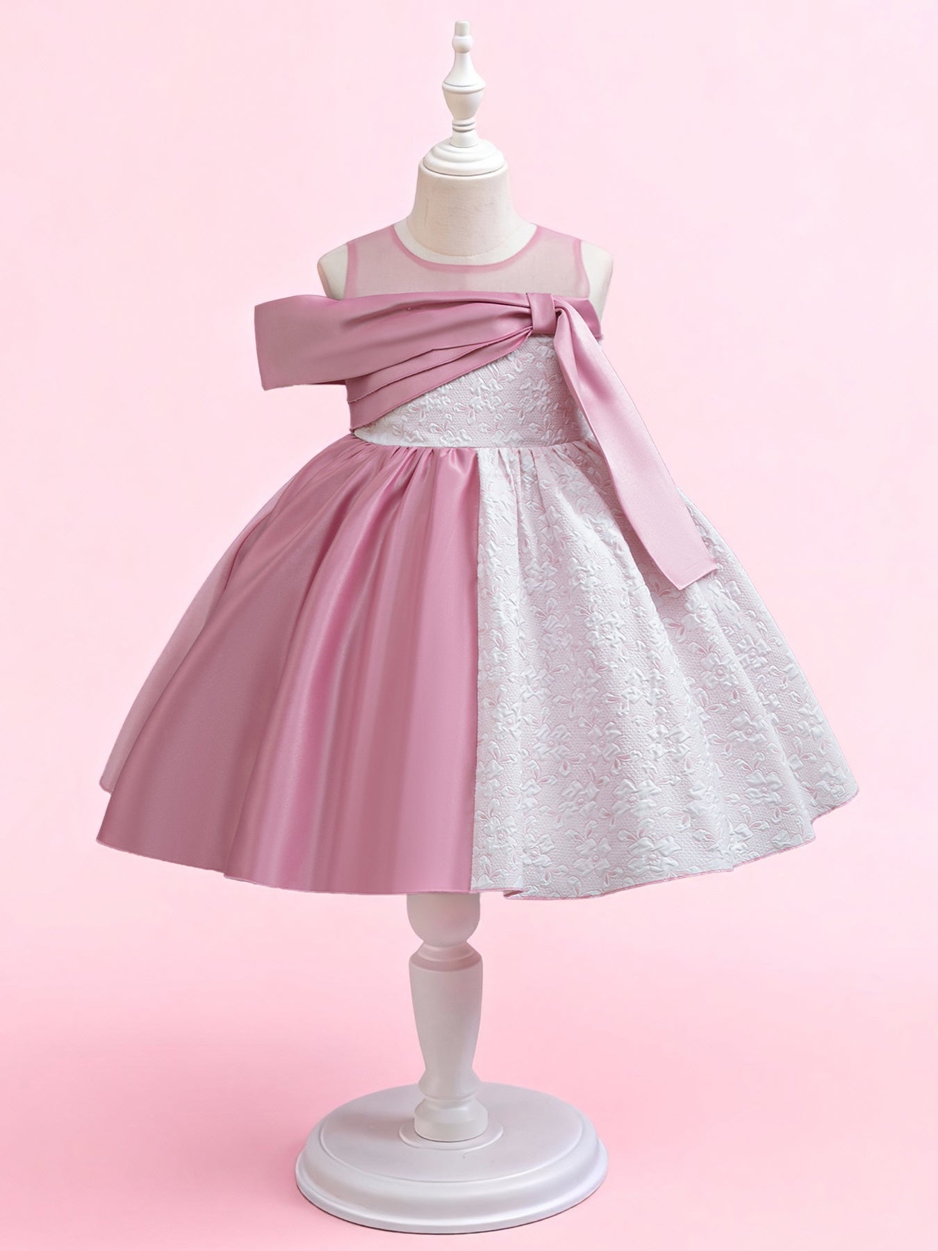 Zvzio Girls Color Block Princess Dress | Asymmetric Design Dusty Pink Satin White Embossed Fabric Mid-Length Flower Girl Dress Set - Ages 4-9