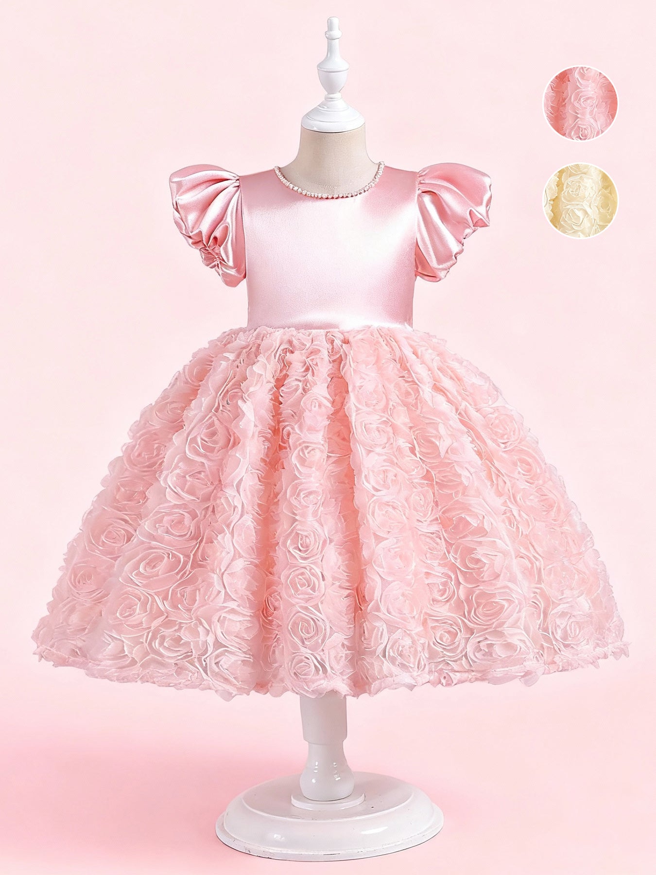 Zvzio Girls Princess Dress with 3D Floral Skirt & Pearl Neckline - Satin Puff Sleeve Flower Girl Party Dress