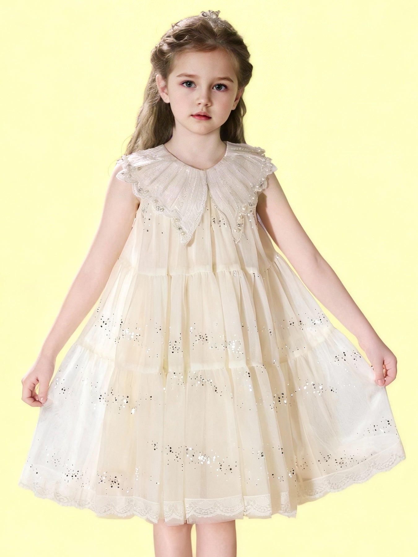 Zvzio Girls Champagne Cake Dress | Butterfly Collar with Diamond Pearl Decor Multilayer Tulle Sequins Lace Trim Flower Girl Dress Princess Party Dress - Short A-Line Dress for Ages 4-9