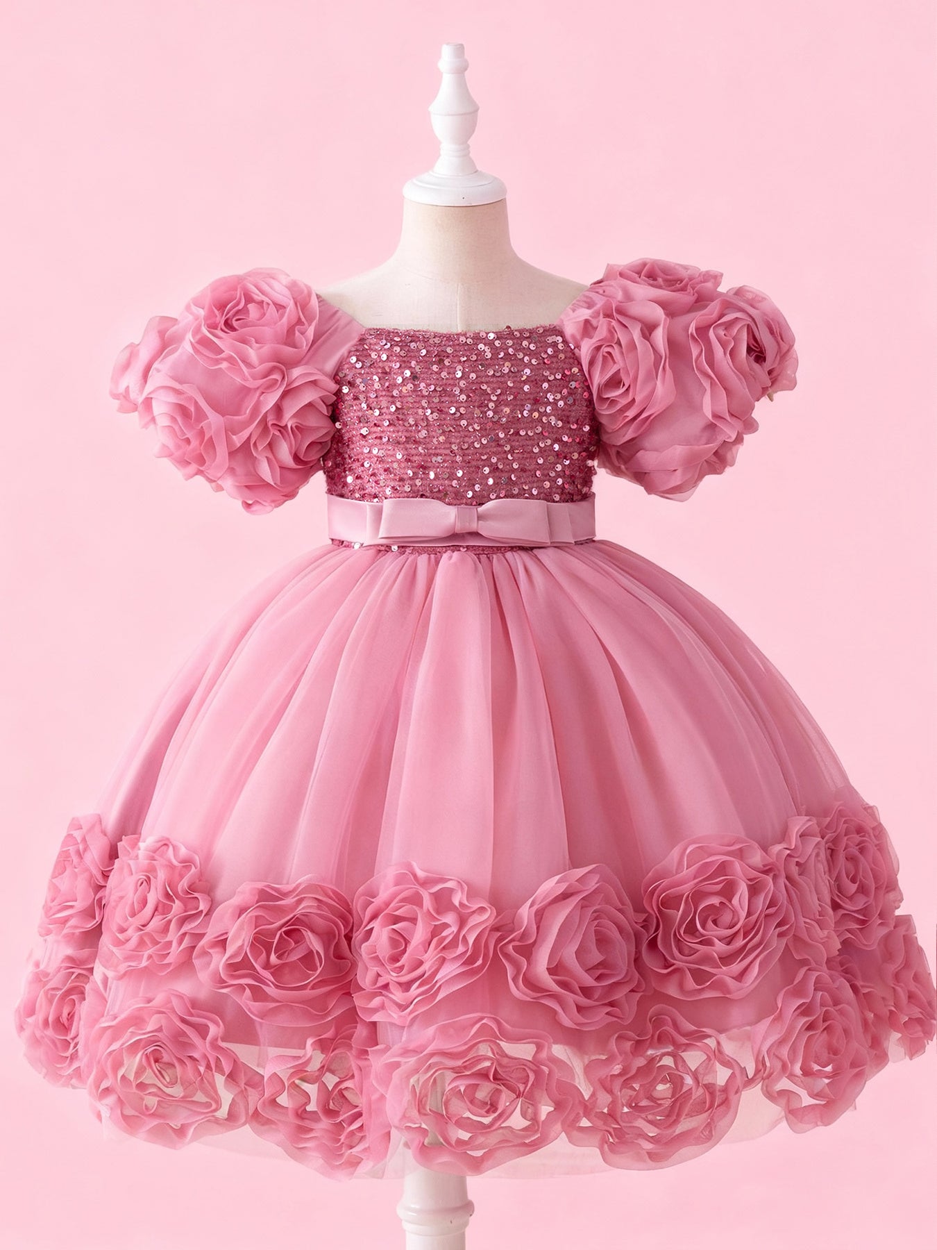 Zvzio Girls 3D Floral Embroidered Princess Dress | Short Sleeve Sequin Sparkle A-Line Dress Multi-Layer Tulle Flower Girl Party Dress - Soft Draping, Ages 2-7, Multiple Colors