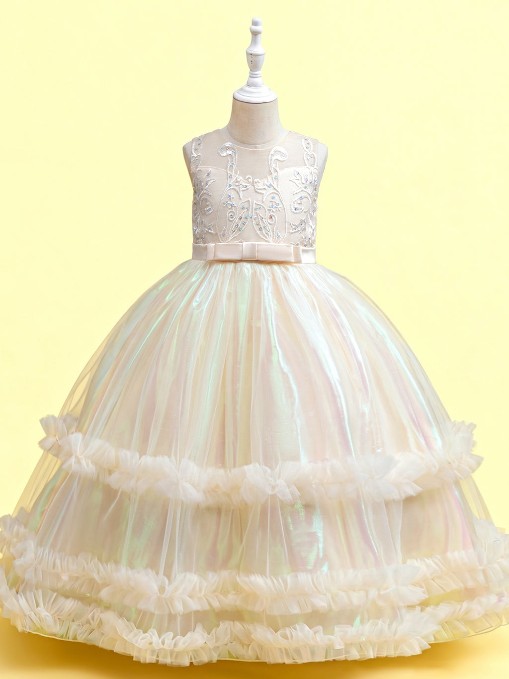 Zvzio Girls Gradient Tulle Embroidered Princess Dress | Reflective Green Yellow Gradient Bodice Embroidery Triple-Layer Ruffle Hem Flower Girl Dress Set - Ages 4-9