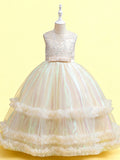 Zvzio Girls Gradient Tulle Embroidered Princess Dress | Reflective Green Yellow Gradient Bodice Embroidery Triple-Layer Ruffle Hem Flower Girl Dress Set - Ages 4-9