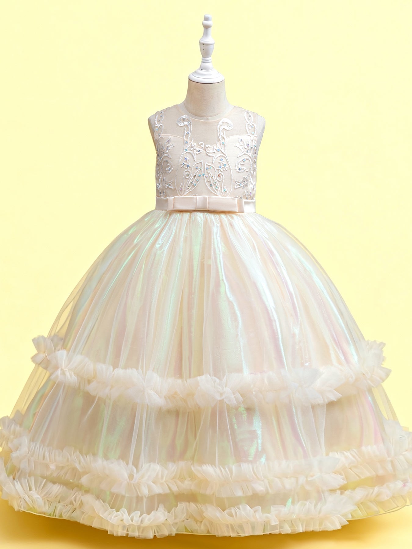 Zvzio Girls Gradient Tulle Embroidered Princess Dress | Reflective Green Yellow Gradient Bodice Embroidery Triple-Layer Ruffle Hem Flower Girl Dress Set - Ages 4-9