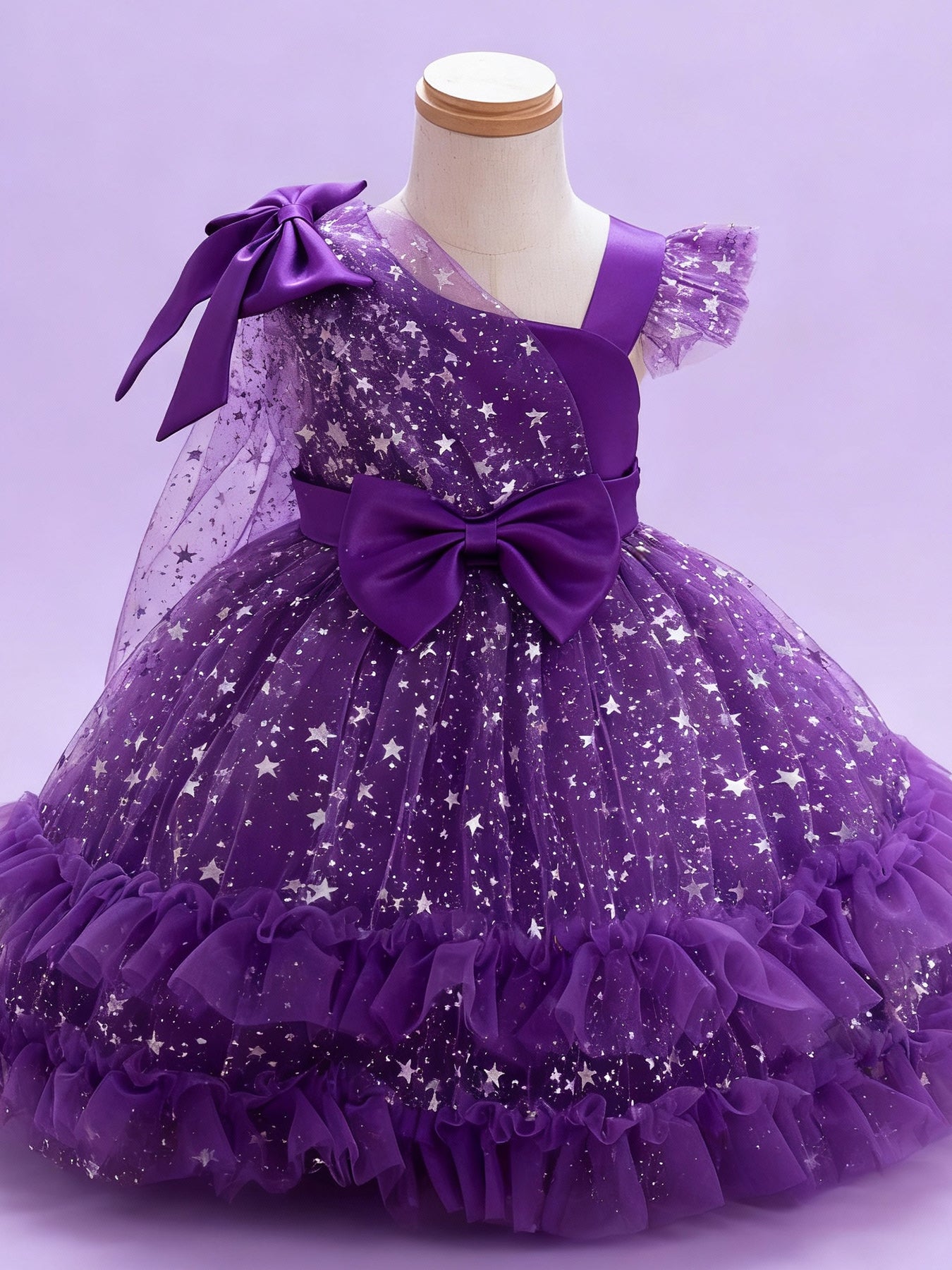 Zvzio Girls Asymmetric Cape & Flutter Sleeve Princess Dress | Left Shoulder Cape with Bow Right Flutter Sleeve Star Print Tulle Double-Layer Ruffle Hem Flower Girl Dress Party Gown - Ages 2-7, Multiple Colors