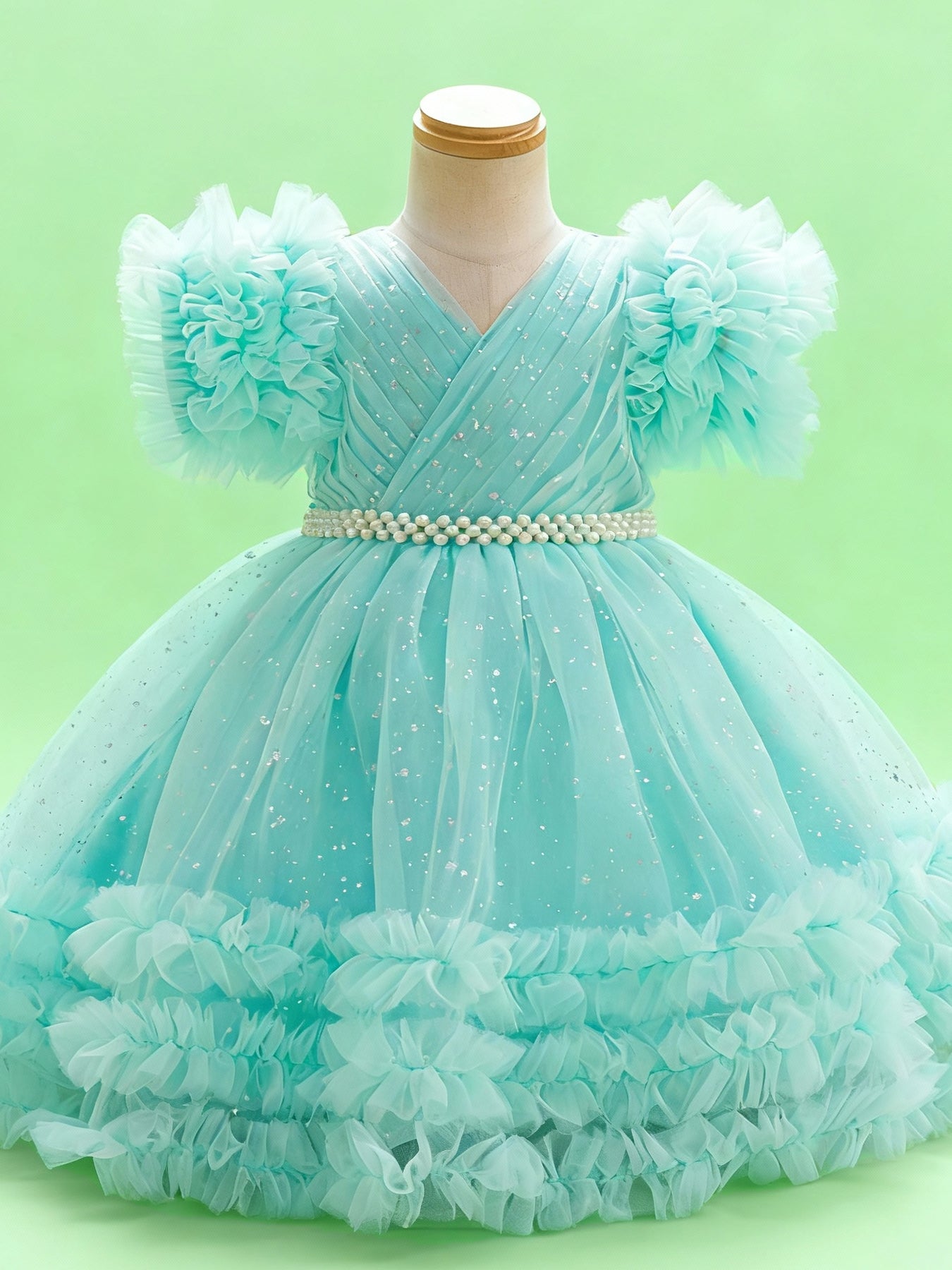 Zvzio Girls Y-Cross Ruffle Trim Train Princess Dress | Pearl Waist Chain Silver Dot Tulle Triple-Layer Ruffle Sleeves & Skirt Flower Girl Dress Party Set - Ages 3-8, Multiple Colors