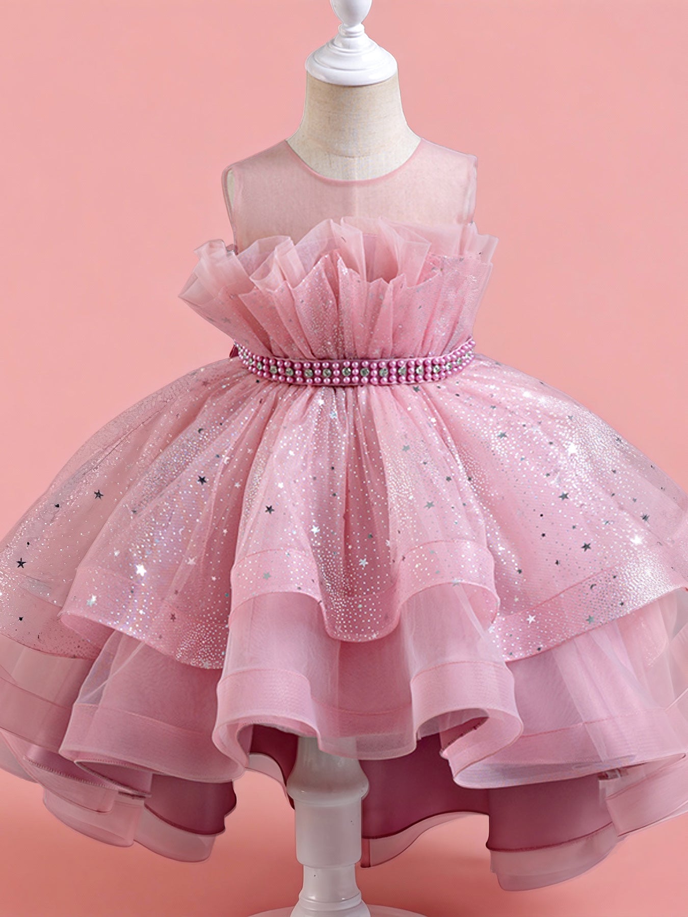 Zvzio Girls Asymmetric Train Princess Dress | Gold Star Tulle Shell Neckline Bustier Waist Diamond Chain Double-Layer Skirt Flower Girl Dress Set - Ages 4-9