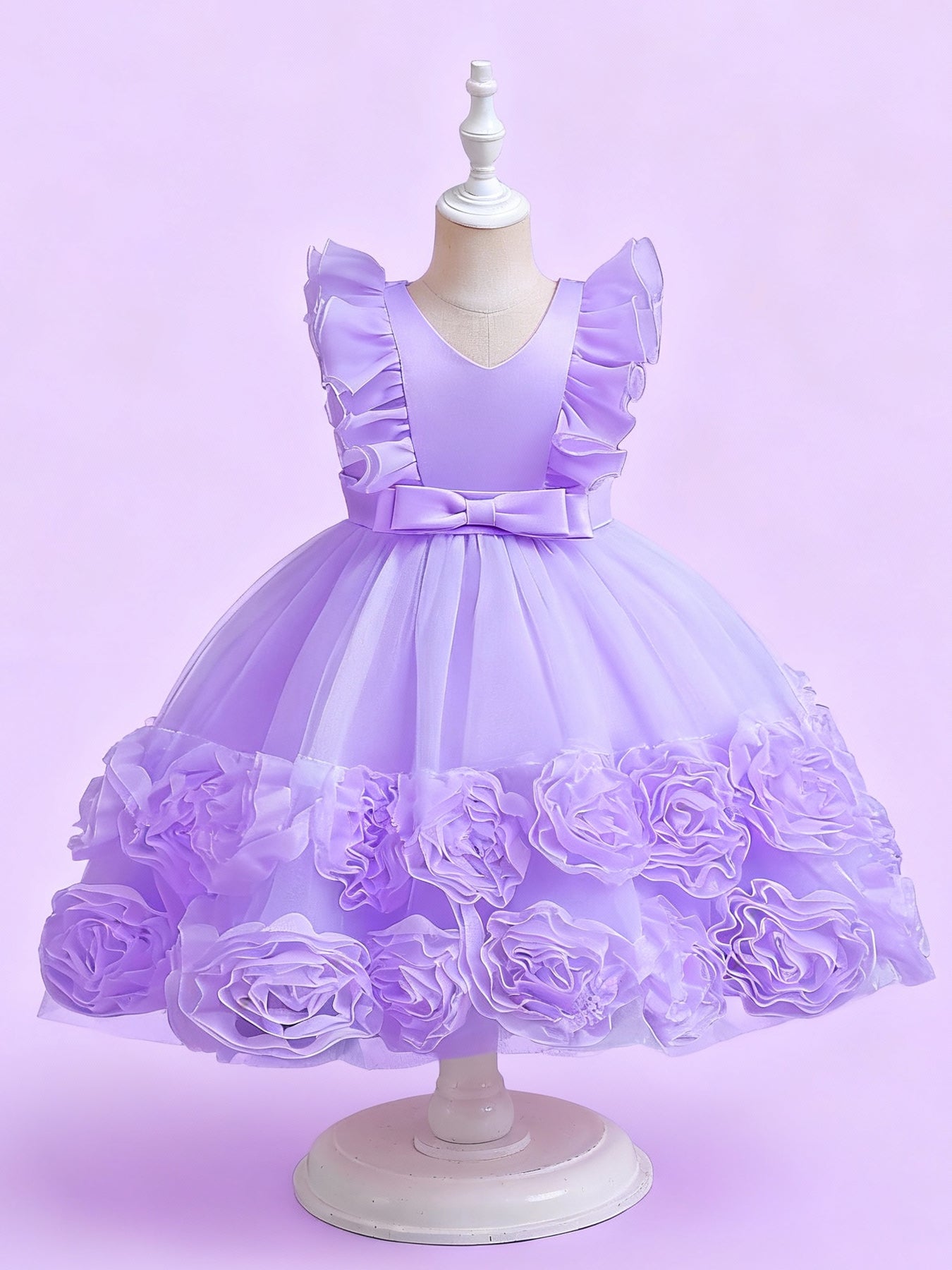 Zvzio Girls Floral Bud Embroidered Princess Dress | V-Shape Ruffle Sleeves Waist Bow Triple-Layer Tulle Flower Girl Party Dress - Ages 2-7, Multiple Colors