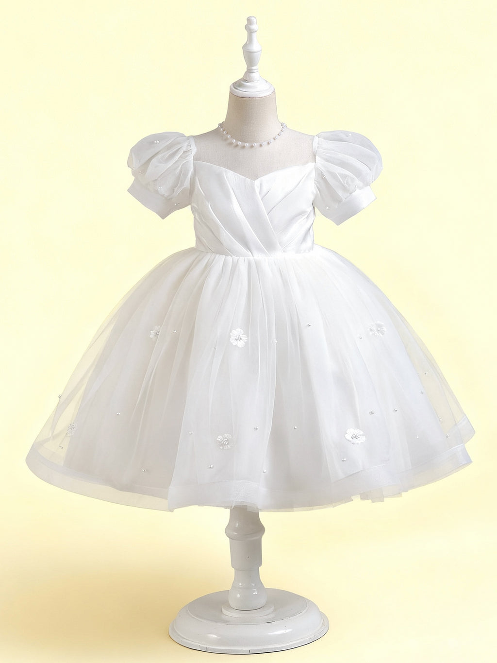 Zvzio Girls Short Sleeve Princess Dress - Shimmery Satin, Double Layer Skirt & 3D Pearl Floral, Puff Sleeve Flower Girl Party Outfit