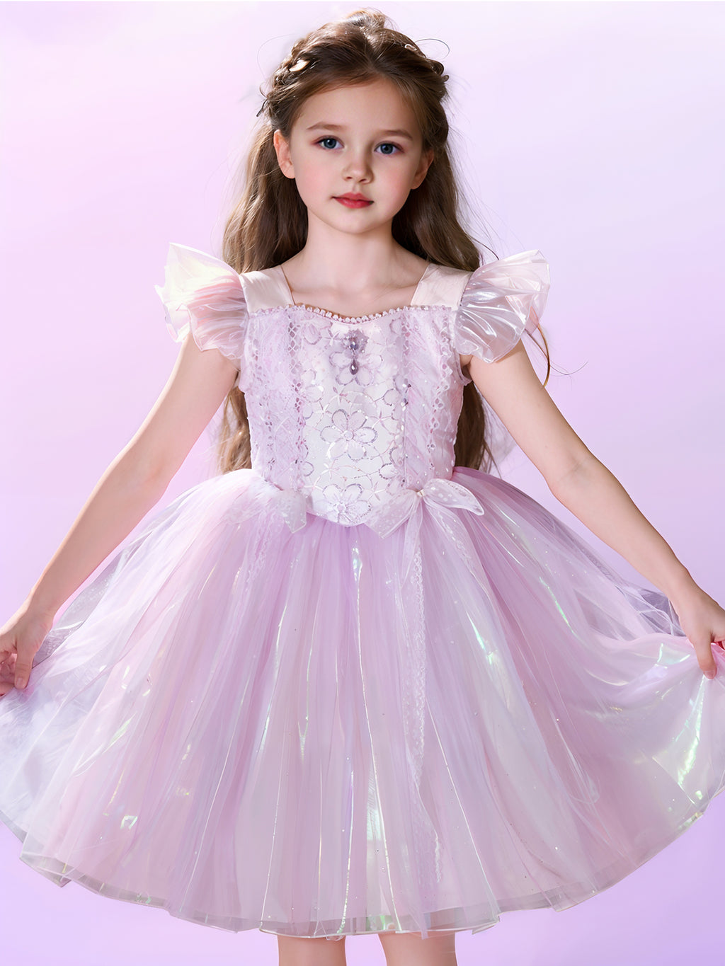 Zvzio Girls Purple Princess Dress | Reflective Tulle Short A-Line Flower Girl Dress Party Ballet Dress - Flutter Sleeves Lace Bow & Gem Decor for Ages 4-9