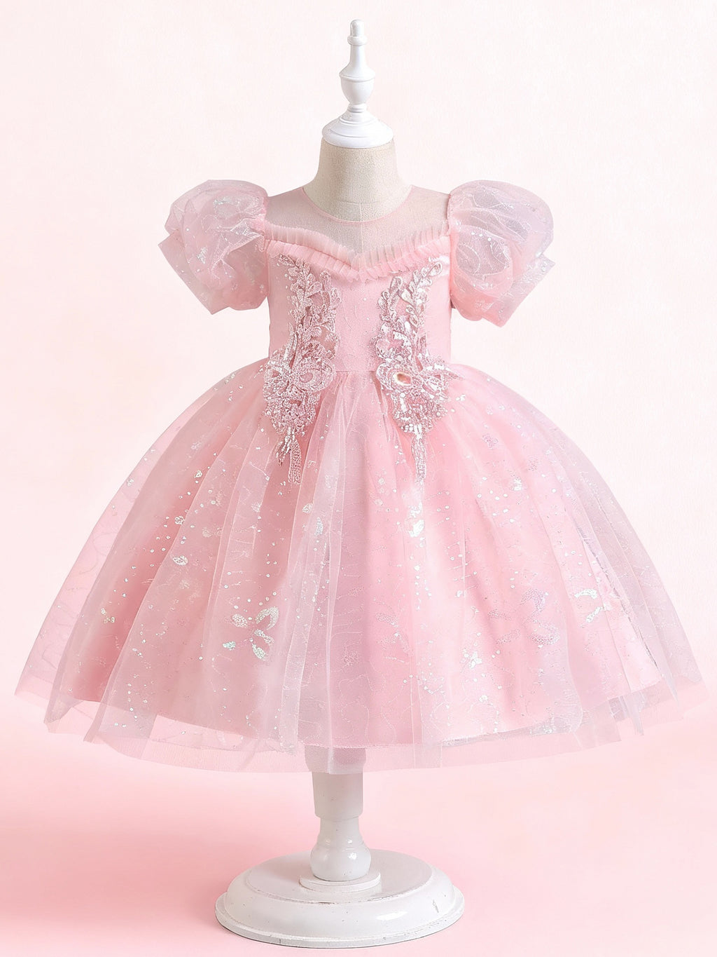 Zvzio Girls Princess Party Dress - Floral Embroidery Bodice, Sparkle Tulle Skirt & Puff Sleeves, Flower Girl/Pageant A-line Short Dress