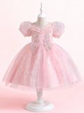 Zvzio Girls Princess Party Dress - Floral Embroidery Bodice, Sparkle Tulle Skirt & Puff Sleeves, Flower Girl/Pageant A-line Short Dress