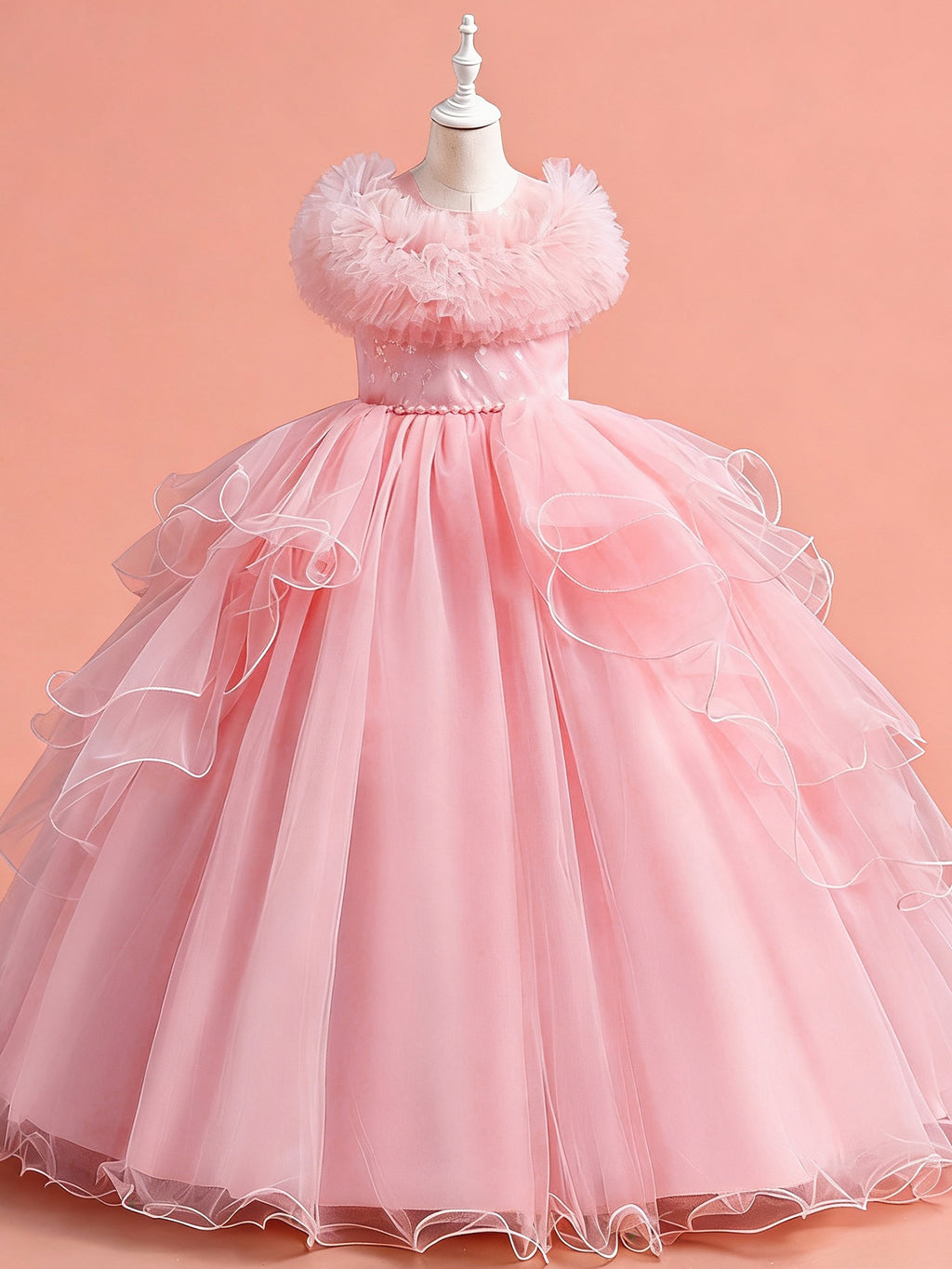 Zvzio Girls Gilded Print Tulle Princess Dress | Ruffle Neckline Bustier Design Pearl Waist Chain Wave Hem Elegant Knee-Length Flower Girl Dress - Ages 4-9