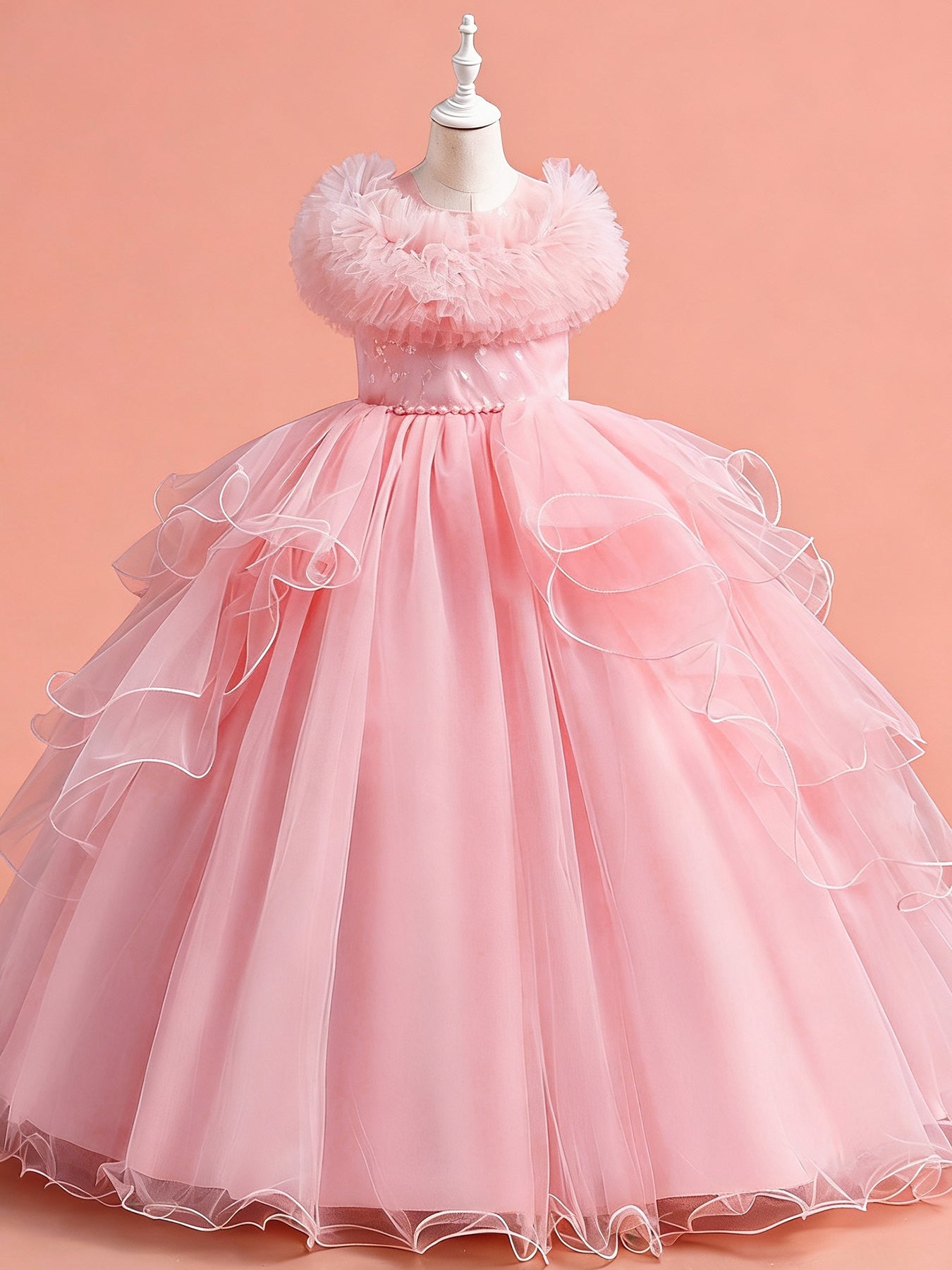Zvzio Girls Gilded Print Tulle Princess Dress | Ruffle Neckline Bustier Design Pearl Waist Chain Wave Hem Elegant Knee-Length Flower Girl Dress - Ages 4-9