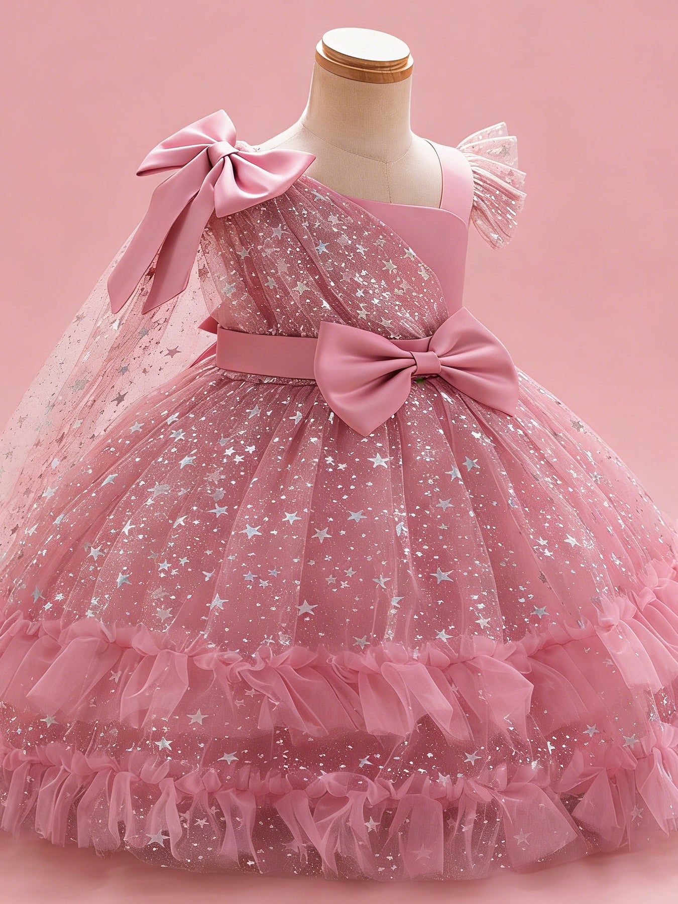 Zvzio Girls Asymmetric Cape & Flutter Sleeve Princess Dress | Left Shoulder Cape with Bow Right Flutter Sleeve Star Print Tulle Double-Layer Ruffle Hem Flower Girl Dress Party Gown - Ages 2-7, Multiple Colors