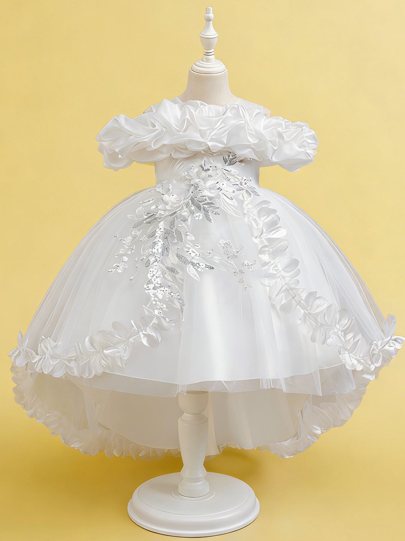 Zvzio Girls Cloud Collar Embroidered Train Princess Dress | Front Yoke Cloud Design 3D Floral Pearl Embroidery Wrap-Around Leaf Lace Long Train Flower Girl Dress - Ages 4-9, Multiple Colors