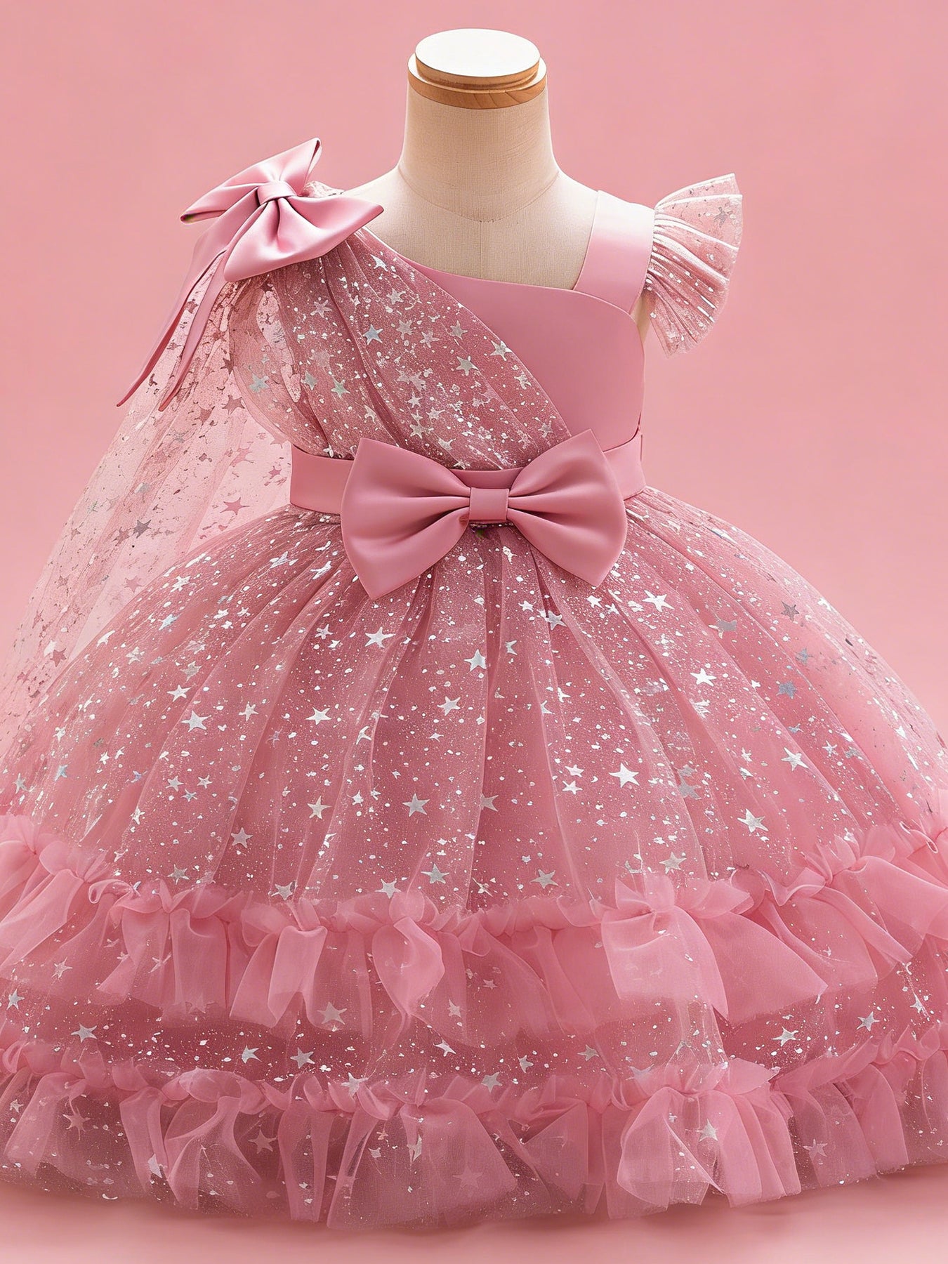 Zvzio Girls Asymmetric Cape & Flutter Sleeve Princess Dress | Left Shoulder Cape with Bow Right Flutter Sleeve Star Print Tulle Double-Layer Ruffle Hem Flower Girl Dress Party Gown - Ages 2-7, Multiple Colors