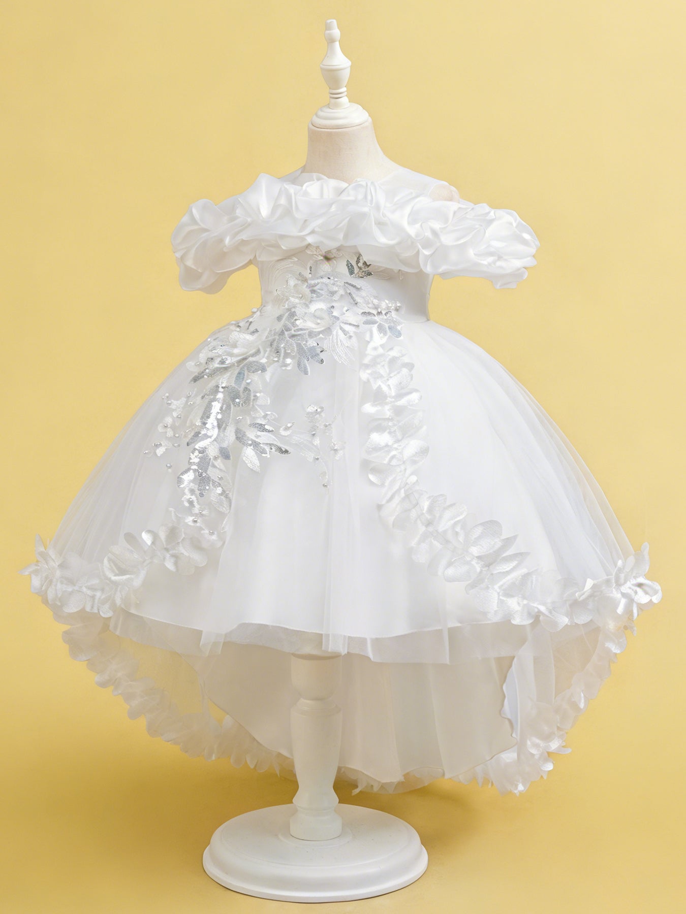 Zvzio Girls Cloud Collar Embroidered Train Princess Dress | Front Yoke Cloud Design 3D Floral Pearl Embroidery Wrap-Around Leaf Lace Long Train Flower Girl Dress - Ages 4-9, Multiple Colors