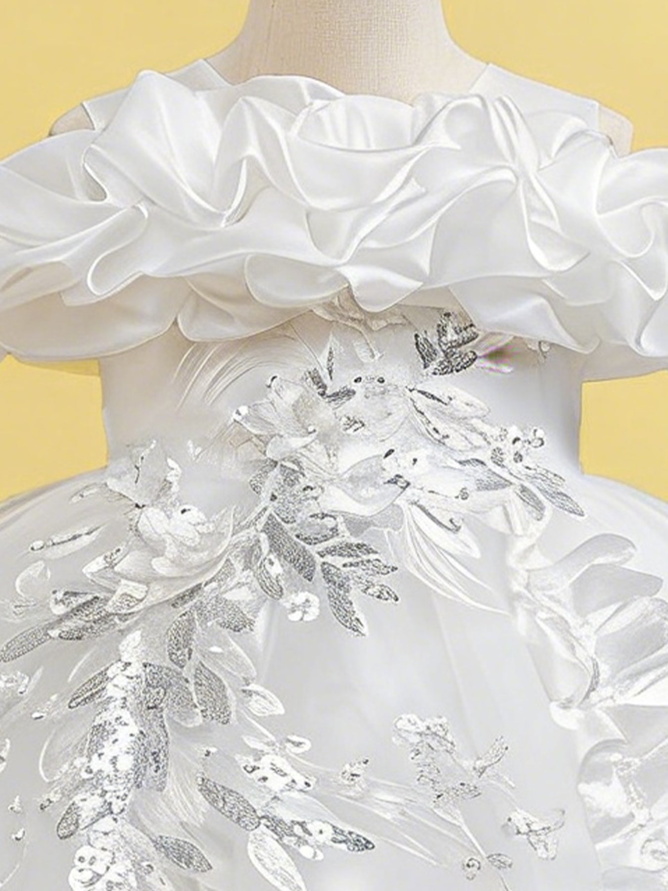 Zvzio Girls Cloud Collar Embroidered Train Princess Dress | Front Yoke Cloud Design 3D Floral Pearl Embroidery Wrap-Around Leaf Lace Long Train Flower Girl Dress - Ages 4-9, Multiple Colors