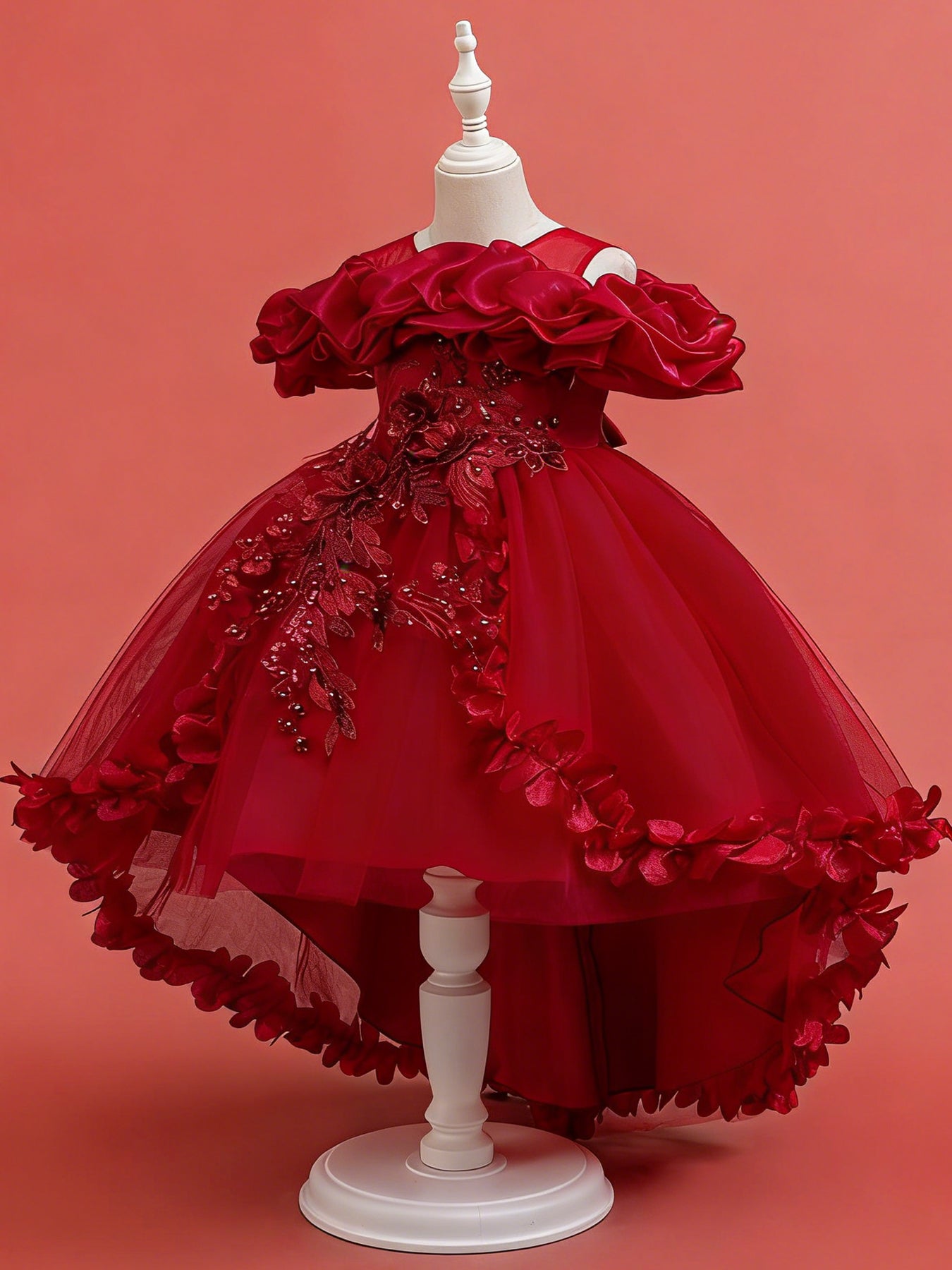 Zvzio Girls Cloud Collar Embroidered Train Princess Dress | Front Yoke Cloud Design 3D Floral Pearl Embroidery Wrap-Around Leaf Lace Long Train Flower Girl Dress - Ages 4-9, Multiple Colors