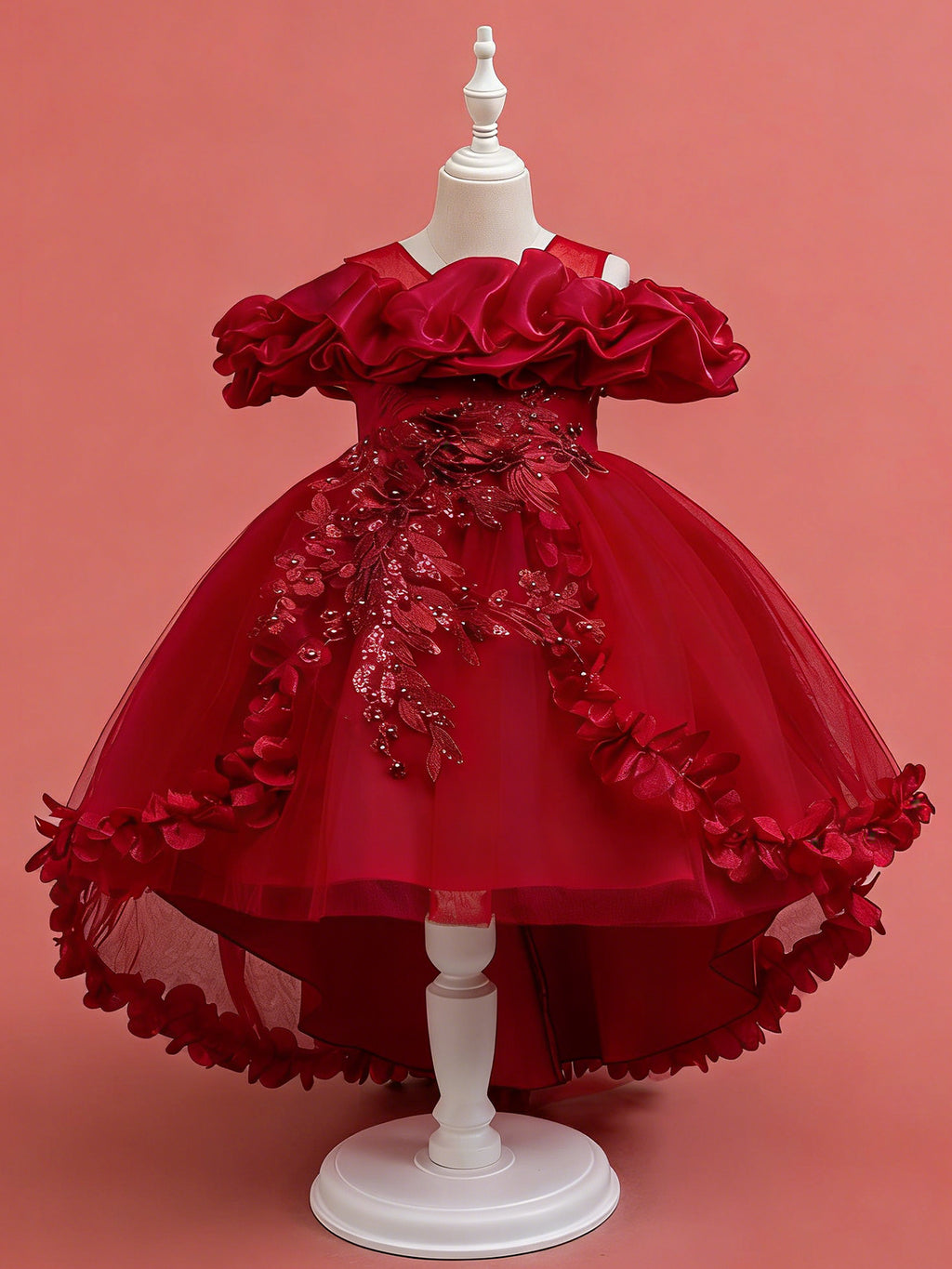 Zvzio Girls Cloud Collar Embroidered Train Princess Dress | Front Yoke Cloud Design 3D Floral Pearl Embroidery Wrap-Around Leaf Lace Long Train Flower Girl Dress - Ages 4-9, Multiple Colors