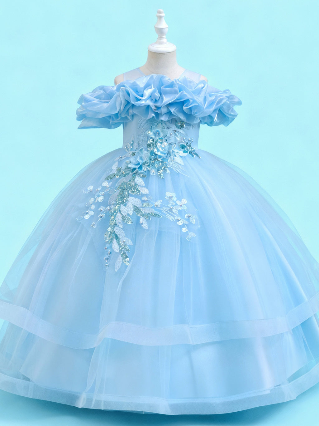 Zvzio Girls Cloud Shoulder Embroidered Long Princess Dress | Front Yoke Cloud Design Pearl Embroidery Panel Double-Layer Draping Tulle Flower Girl Dress Party Set - Ages 4-9, Multiple Colors