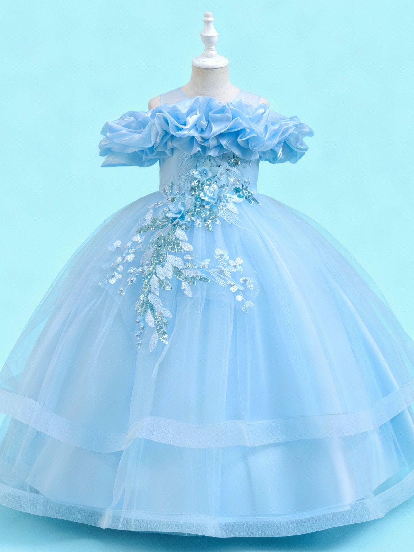 Zvzio Girls Cloud Shoulder Embroidered Long Princess Dress | Front Yoke Cloud Design Pearl Embroidery Panel Double-Layer Draping Tulle Flower Girl Dress Party Set - Ages 4-9, Multiple Colors