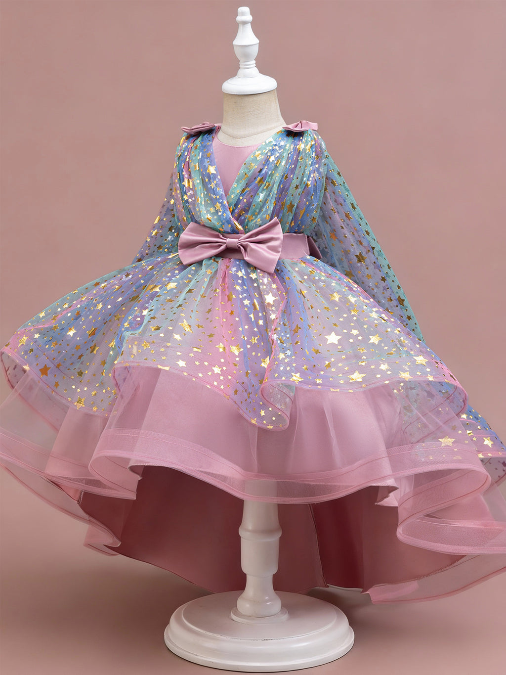 Zvzio Girls Star Gilded Cape Bow Princess Dress | Gold Star Pattern Triple Bow Decoration Draping Capelet Asymmetric Train Skirt Flower Girl Dress - Ages 4-9