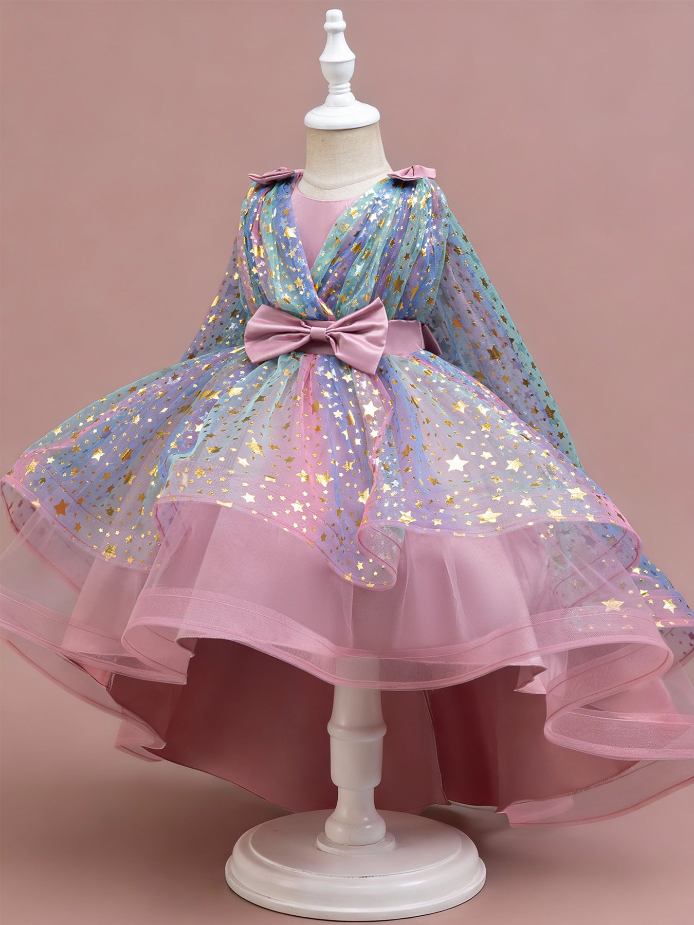 Zvzio Girls Star Gilded Cape Bow Princess Dress | Gold Star Pattern Triple Bow Decoration Draping Capelet Asymmetric Train Skirt Flower Girl Dress - Ages 4-9