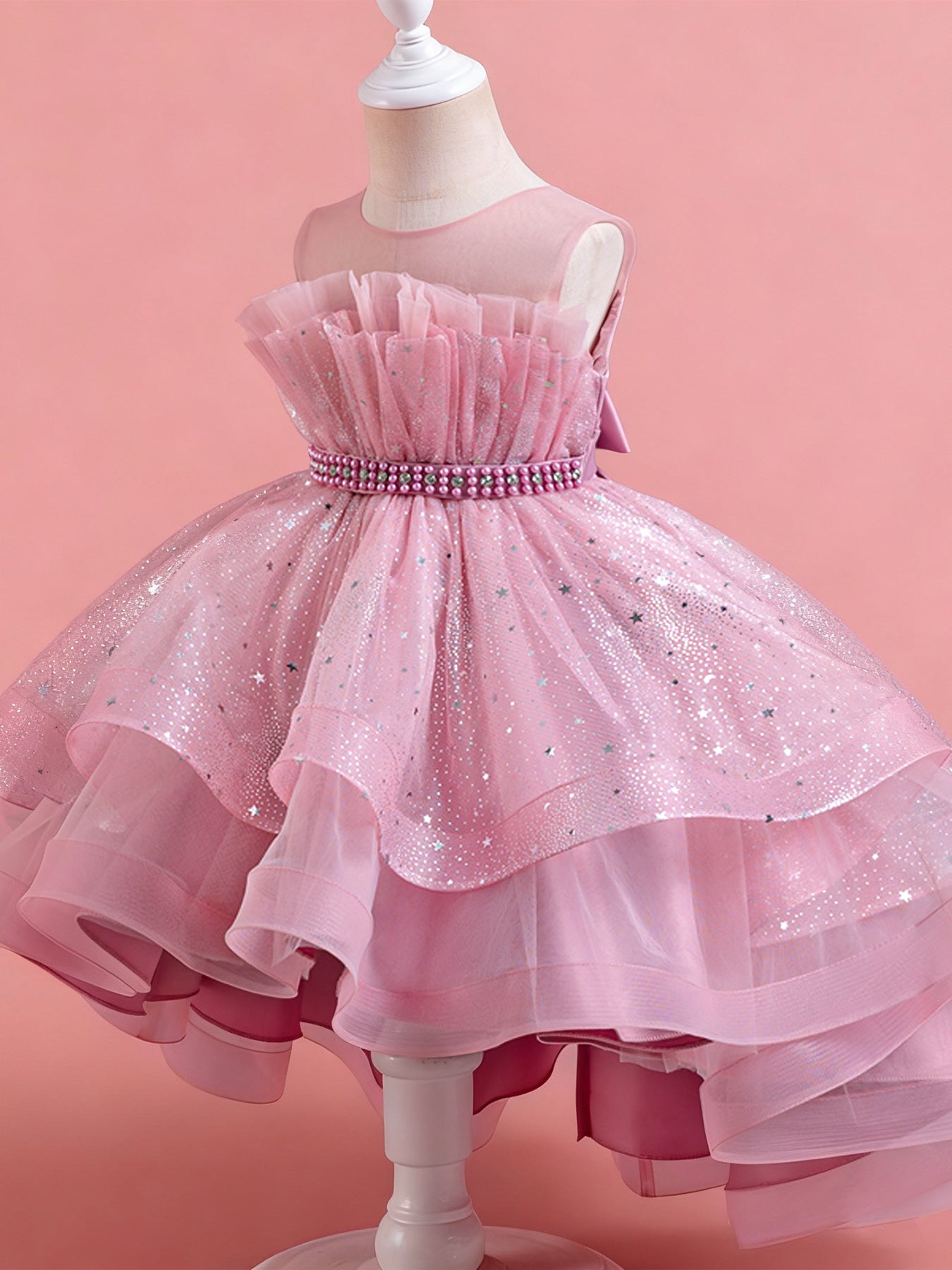 Zvzio Girls Asymmetric Train Princess Dress | Gold Star Tulle Shell Neckline Bustier Waist Diamond Chain Double-Layer Skirt Flower Girl Dress Set - Ages 4-9