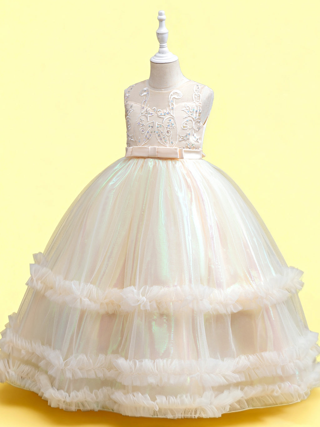 Zvzio Girls Gradient Tulle Embroidered Princess Dress | Reflective Green Yellow Gradient Bodice Embroidery Triple-Layer Ruffle Hem Flower Girl Dress Set - Ages 4-9