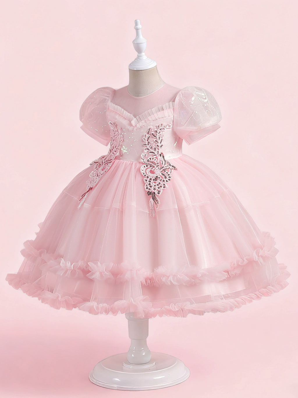 Zvzio Girls Princess Party Dress & Flower Girl Dress - Floral Embroidery Chest, Sparkle Tulle Skirt, Bubble Sleeves, Double Ruffle Hem, Champagne Pink White, Short Sleeve A-Line for Age 4-9