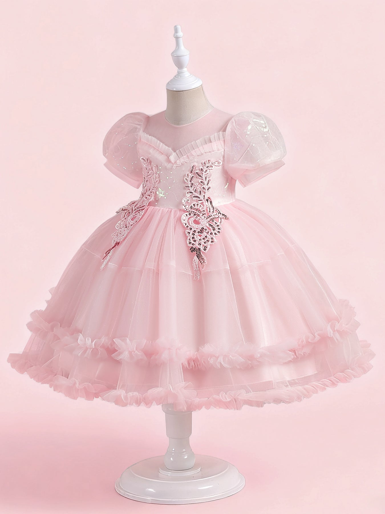 Zvzio Girls Princess Party Dress & Flower Girl Dress - Floral Embroidery Chest, Sparkle Tulle Skirt, Bubble Sleeves, Double Ruffle Hem, Champagne Pink White, Short Sleeve A-Line for Age 4-9