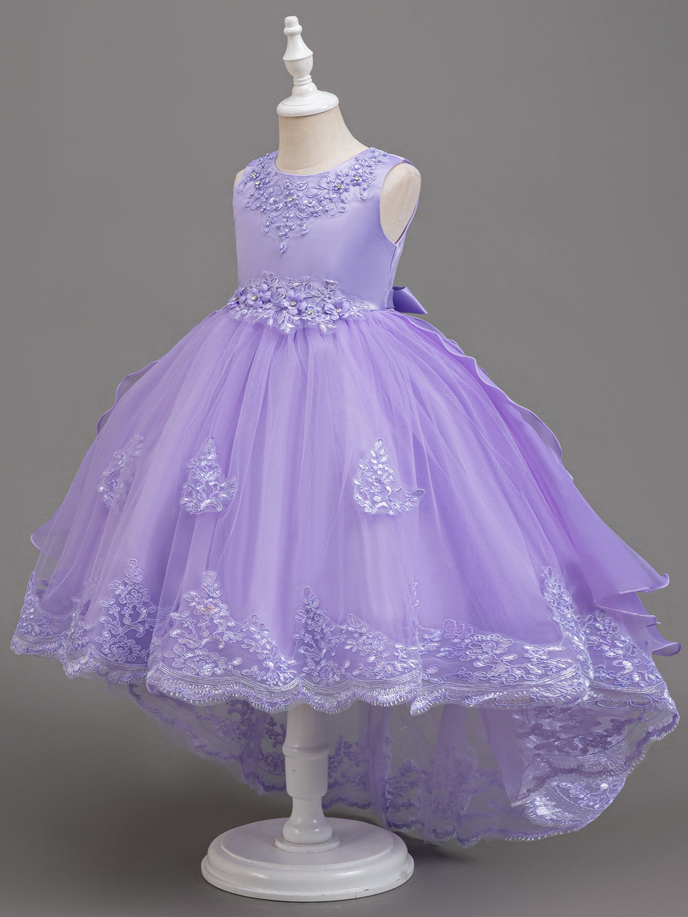 Zvzio Girls Embroidered Pearl Train Princess Dress | Neckline & Waist Exquisite Embroidery Wave Side Hem Back Three-Tier Cake Skirt Asymmetric Hem Flower Girl Dress - Ages 4-9, Multiple Colors