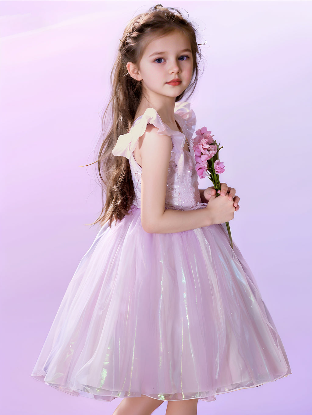Zvzio Girls Purple Princess Dress | Reflective Tulle Short A-Line Flower Girl Dress Party Ballet Dress - Flutter Sleeves Lace Bow & Gem Decor for Ages 4-9