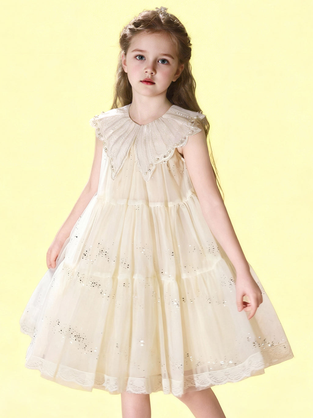 Zvzio Girls Champagne Cake Dress | Butterfly Collar with Diamond Pearl Decor Multilayer Tulle Sequins Lace Trim Flower Girl Dress Princess Party Dress - Short A-Line Dress for Ages 4-9