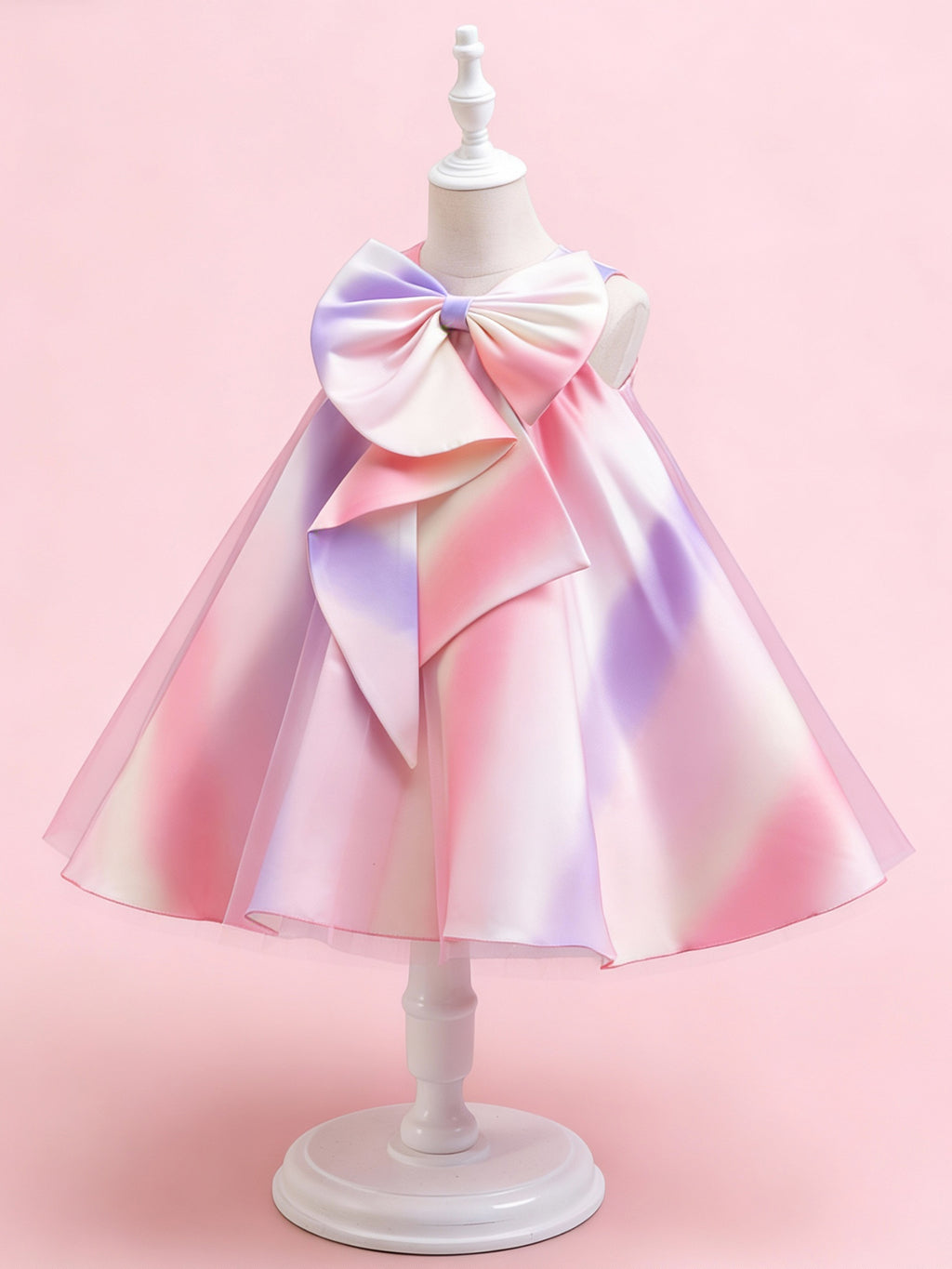 Zvzio Girls Rainbow Gradient Bow Princess Dress | Oversized Asymmetric Bow Collar Wide A-Line Skirt Knee-Length Flower Girl Dress Party Gown - Ages 4-7