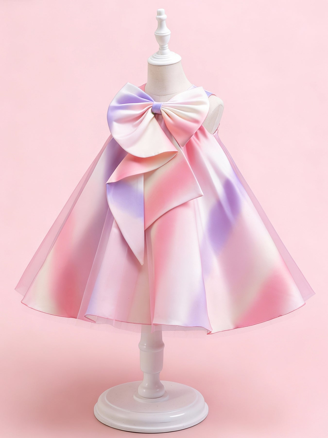 Zvzio Girls Rainbow Gradient Bow Princess Dress | Oversized Asymmetric Bow Collar Wide A-Line Skirt Knee-Length Flower Girl Dress Party Gown - Ages 4-7