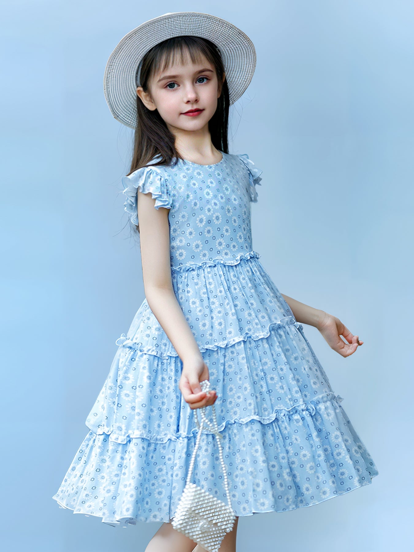 Zvzio Girls Floral Print Ruffle Trim Casual Dress | Flutter Sleeves Three-Tier Hem Lightweight Breathable A-Line Dress - Ages 2-7, Light Blue / Pink