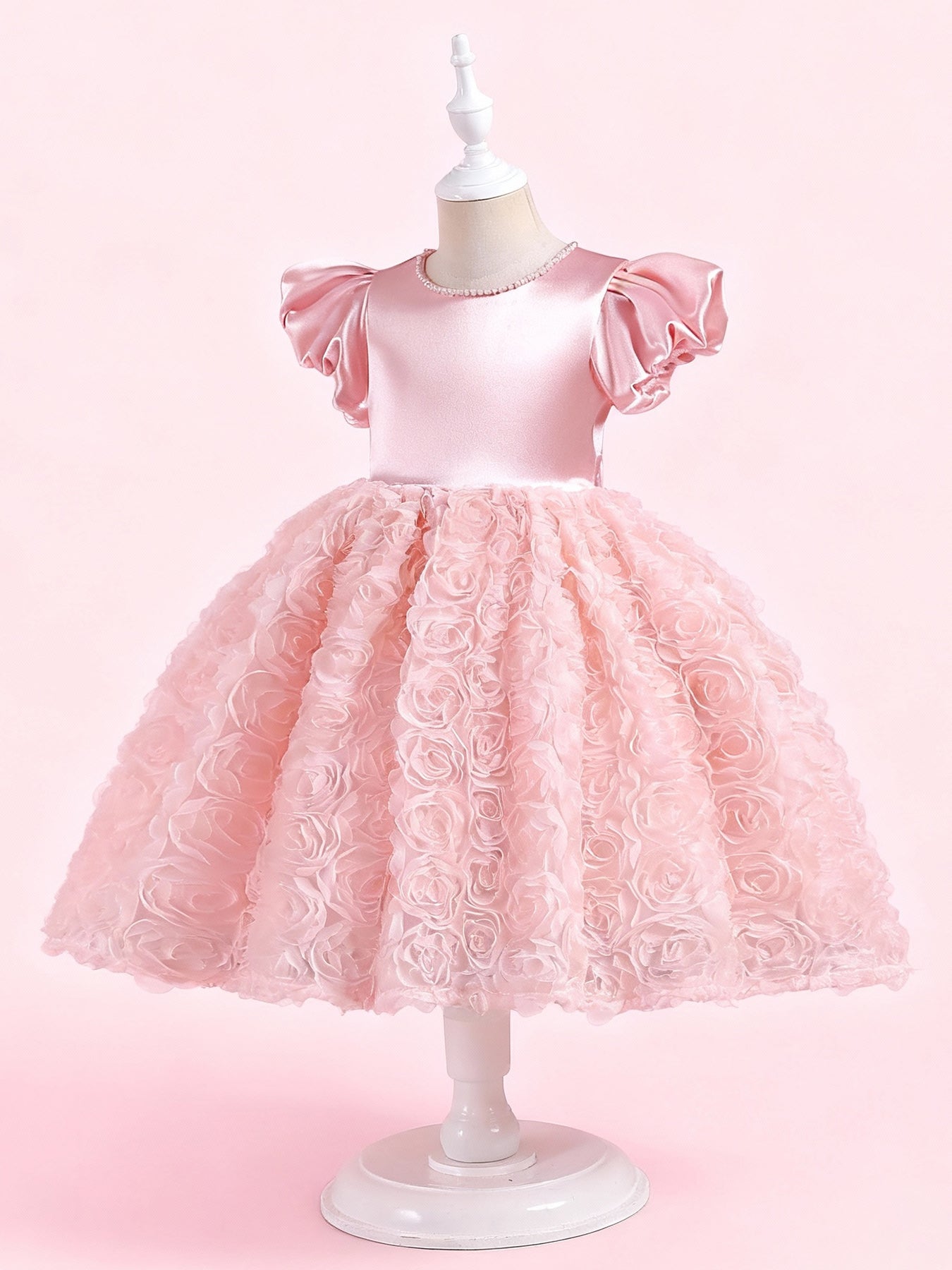 Zvzio Girls Princess Dress with 3D Floral Skirt & Pearl Neckline - Satin Puff Sleeve Flower Girl Party Dress