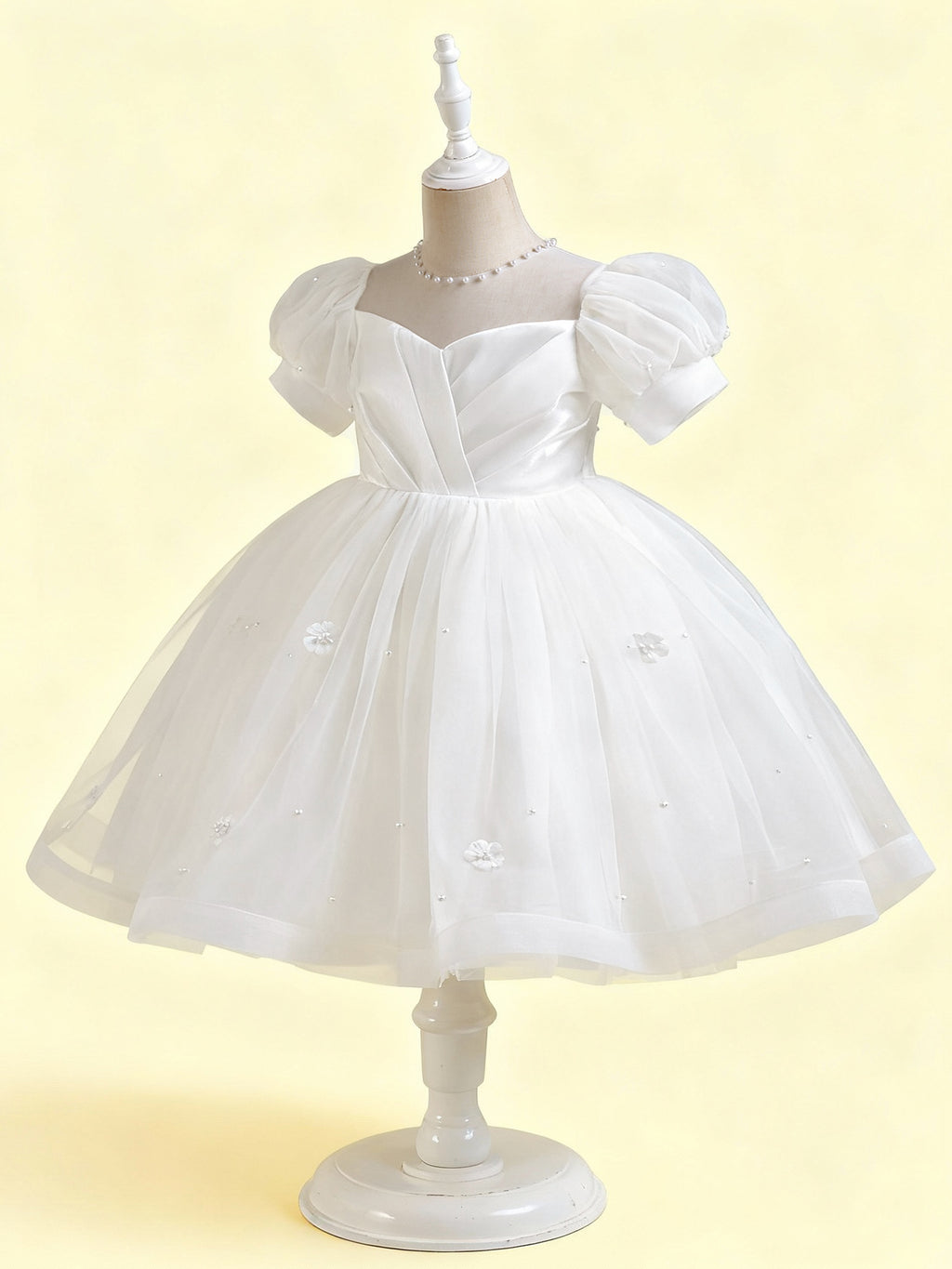 Zvzio Girls Short Sleeve Princess Dress - Shimmery Satin, Double Layer Skirt & 3D Pearl Floral, Puff Sleeve Flower Girl Party Outfit