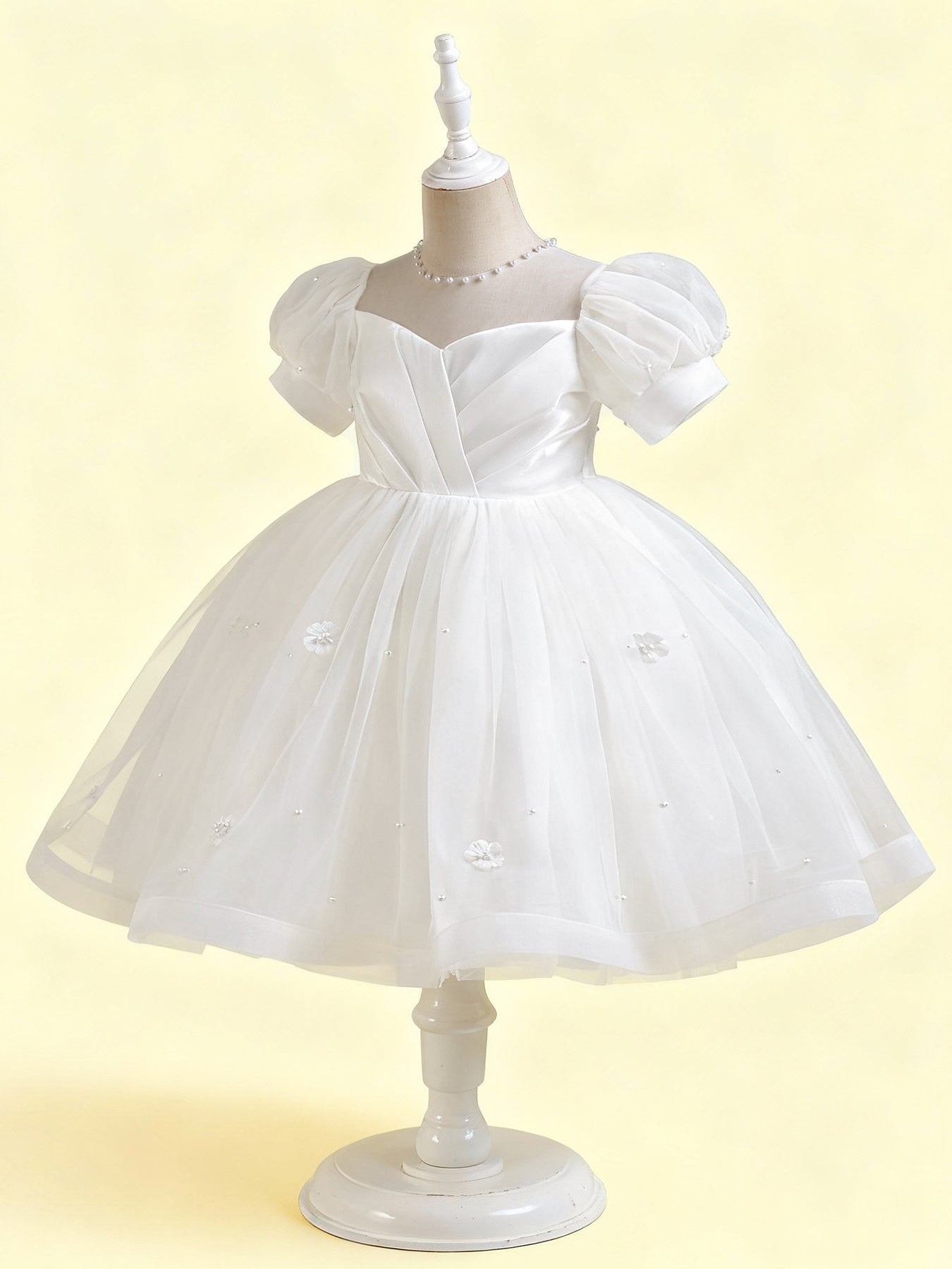 Zvzio Girls Short Sleeve Princess Dress - Shimmery Satin, Double Layer Skirt & 3D Pearl Floral, Puff Sleeve Flower Girl Party Outfit