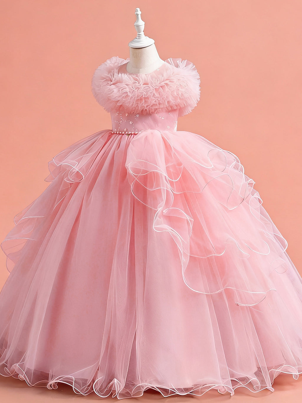 Zvzio Girls Gilded Print Tulle Princess Dress | Ruffle Neckline Bustier Design Pearl Waist Chain Wave Hem Elegant Knee-Length Flower Girl Dress - Ages 4-9