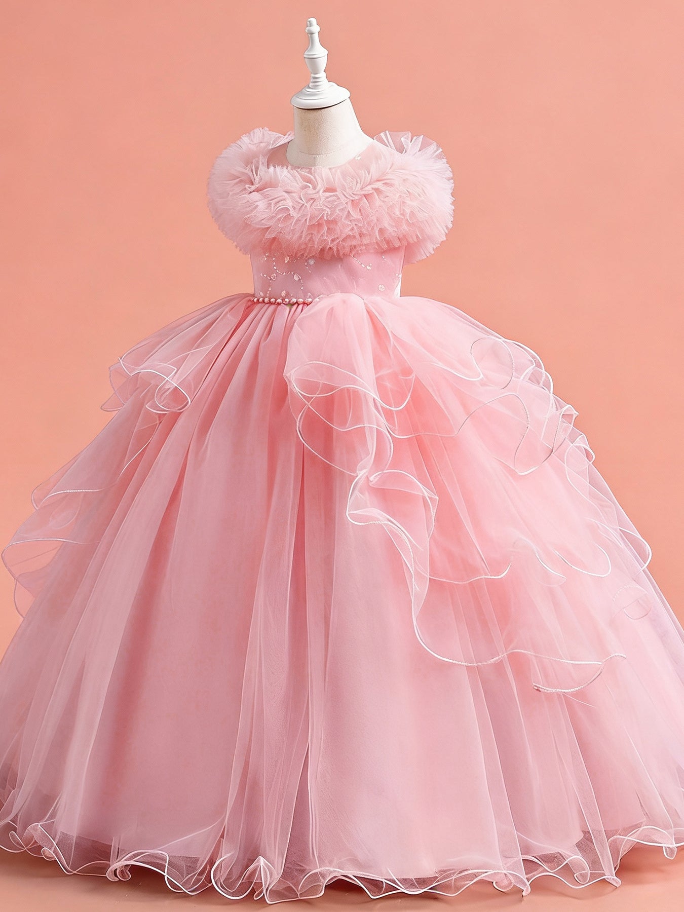 Zvzio Girls Gilded Print Tulle Princess Dress | Ruffle Neckline Bustier Design Pearl Waist Chain Wave Hem Elegant Knee-Length Flower Girl Dress - Ages 4-9