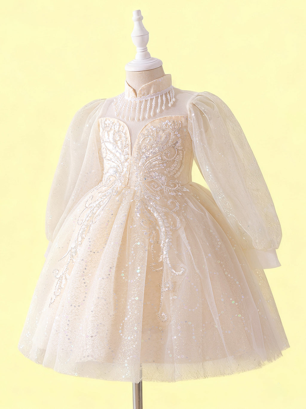 Zvzio Princess Flower Girl Dress 4-9 Years - Sparkling Embroidered Long Sleeve Gown for Wedding, Birthday Party | Champagne & White