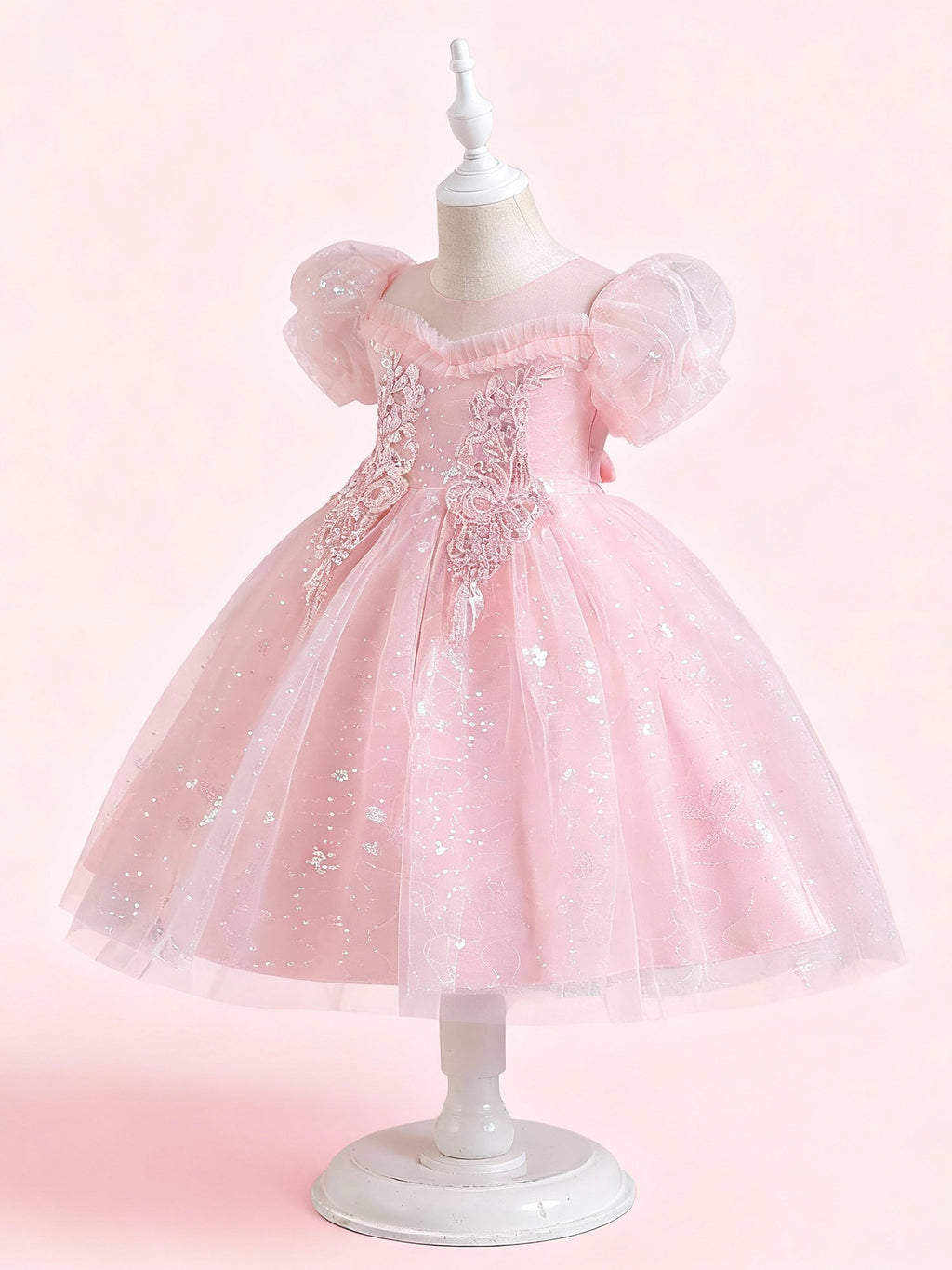 Zvzio Girls Princess Party Dress - Floral Embroidery Bodice, Sparkle Tulle Skirt & Puff Sleeves, Flower Girl/Pageant A-line Short Dress
