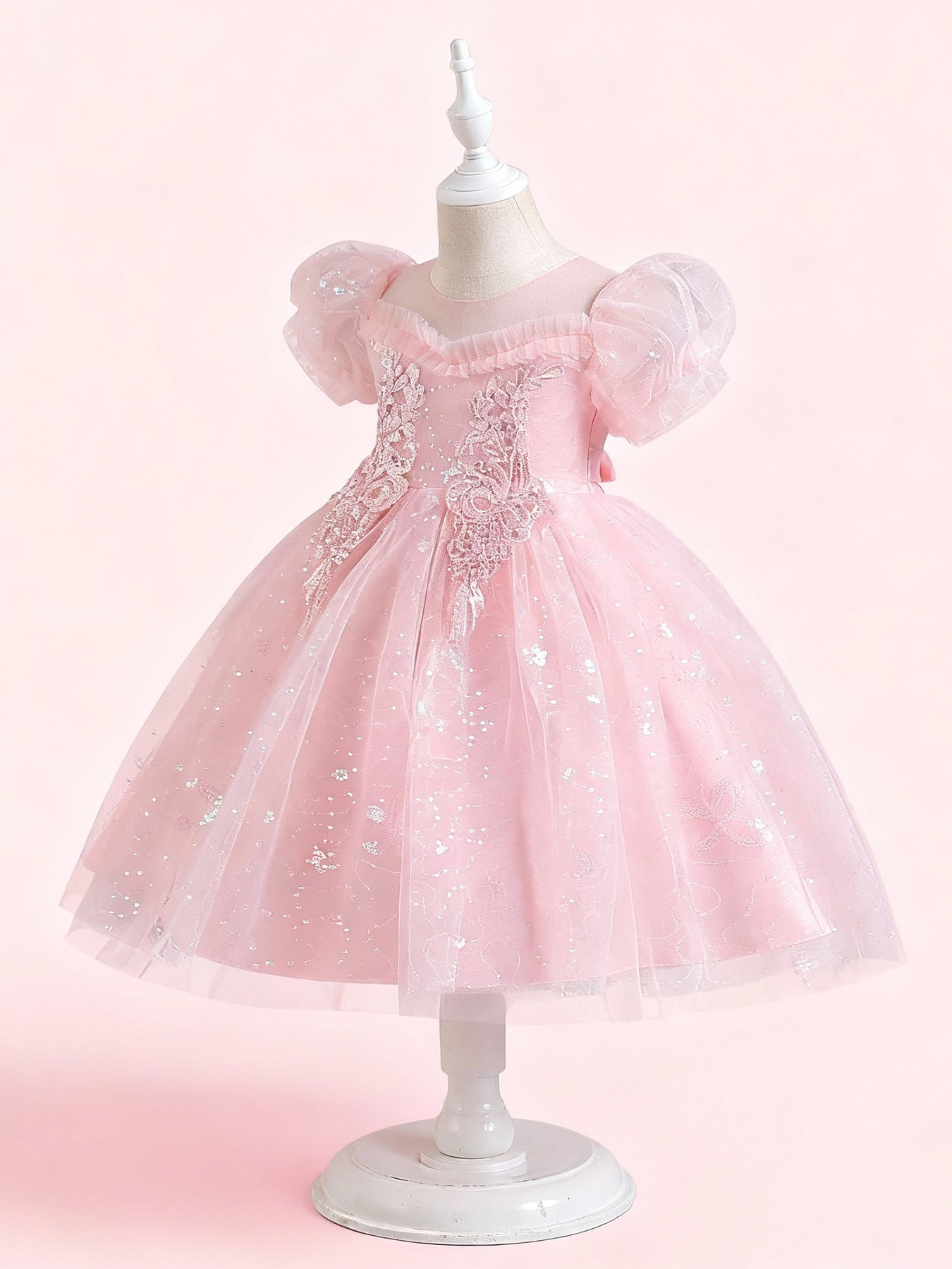 Zvzio Girls Princess Party Dress - Floral Embroidery Bodice, Sparkle Tulle Skirt & Puff Sleeves, Flower Girl/Pageant A-line Short Dress