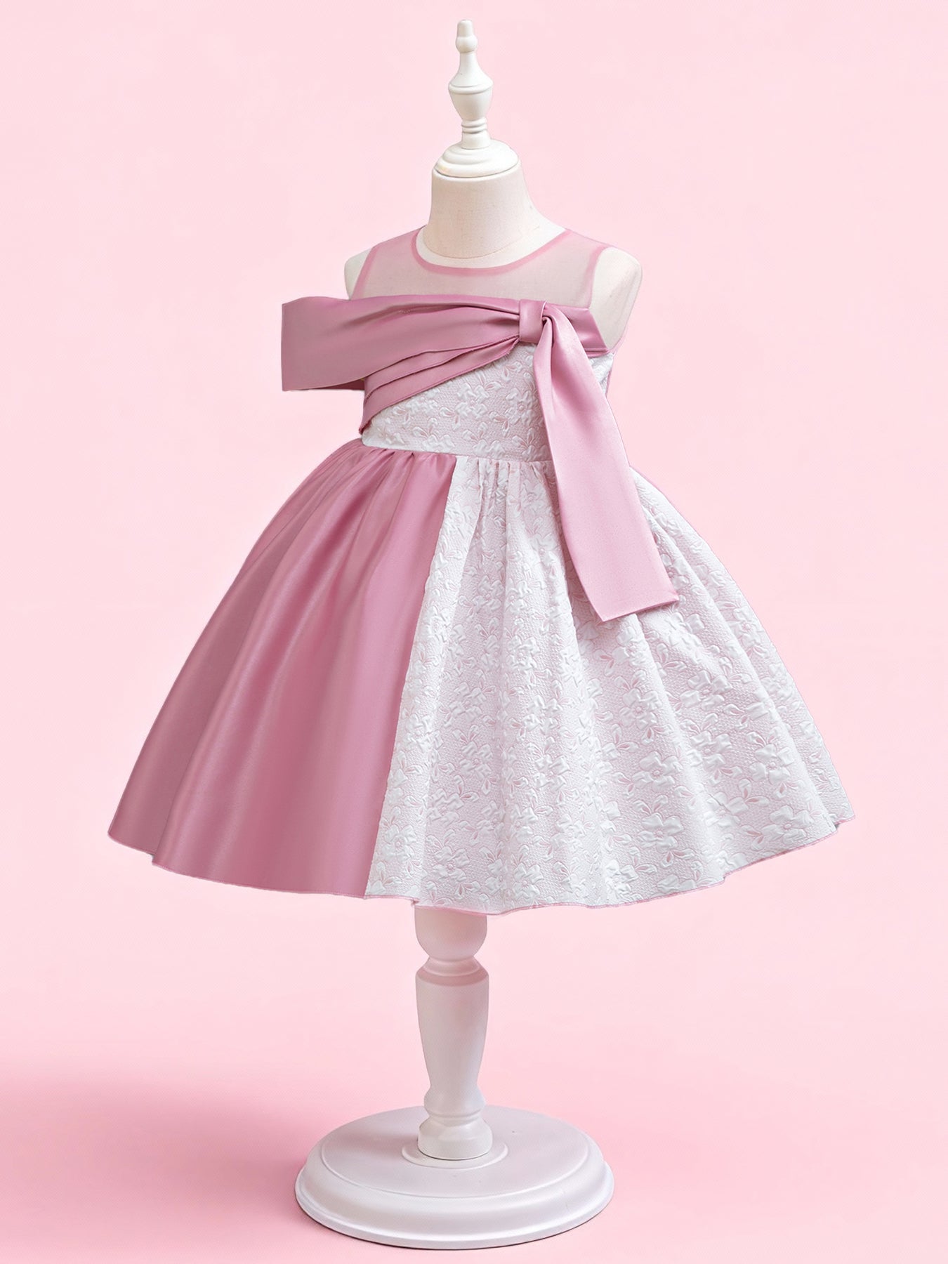 Zvzio Girls Color Block Princess Dress | Asymmetric Design Dusty Pink Satin White Embossed Fabric Mid-Length Flower Girl Dress Set - Ages 4-9